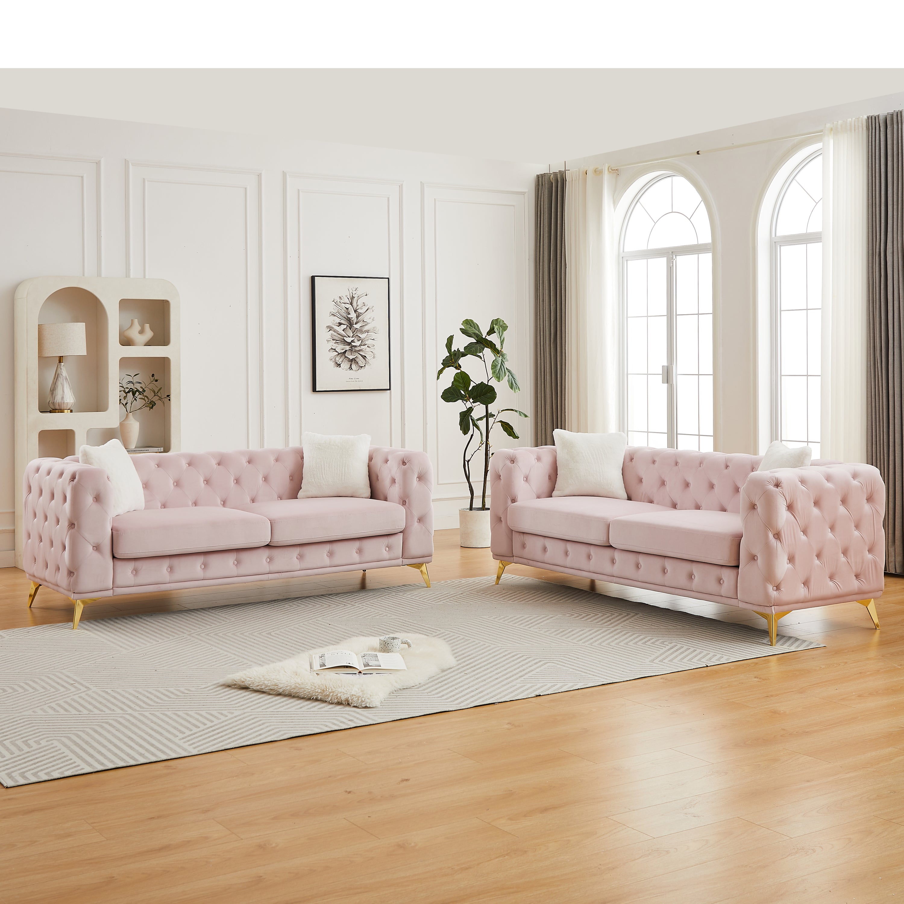 FX 3 seater + 3 seater combo sofa Velvet modern living room sofa with solid wood frame and metal feet, 4 cushions, apartment sofa furniture for living room, living room, office