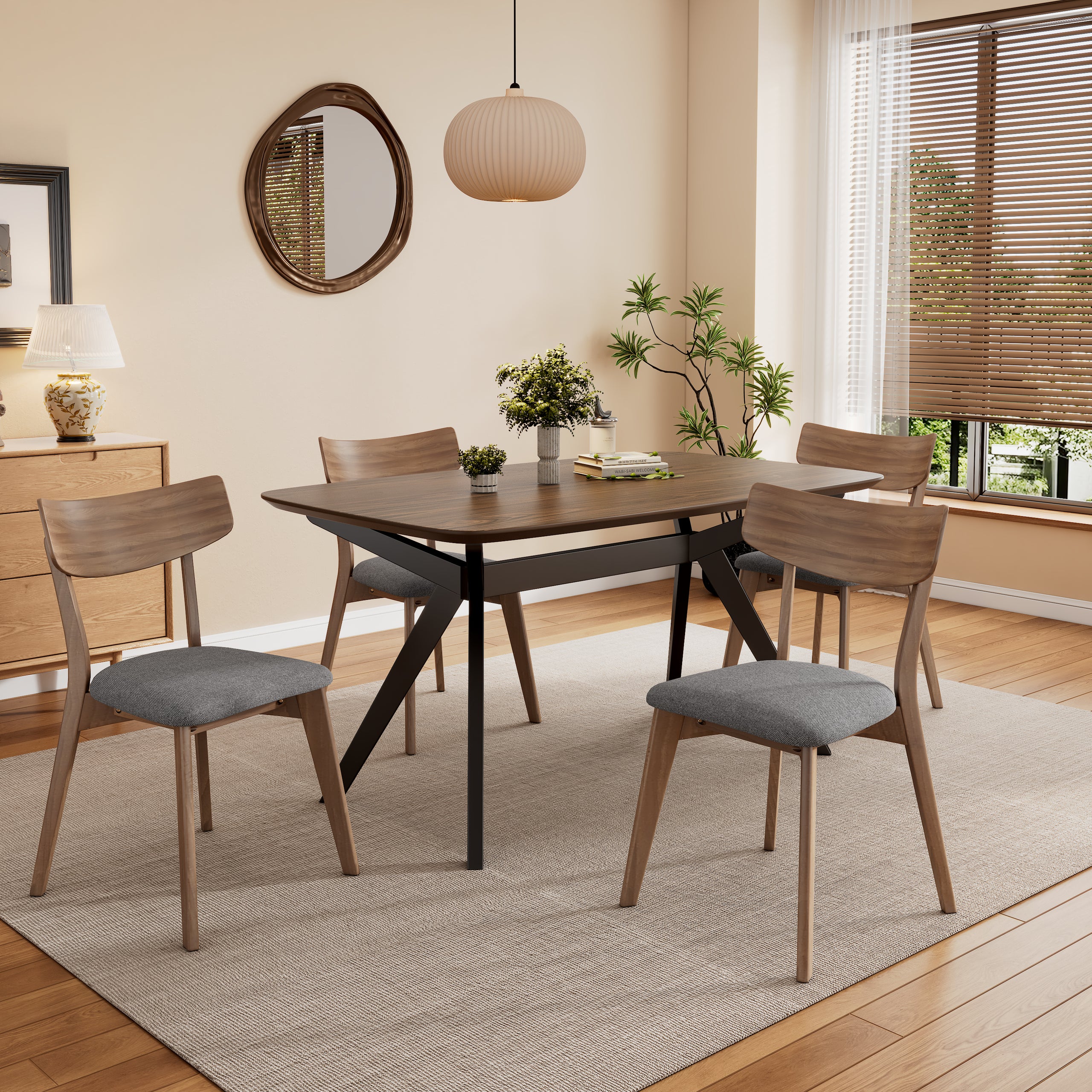 5-Pieces Upholstered Dining Set With Rubberwood Frame, Grey+Walnut+Black