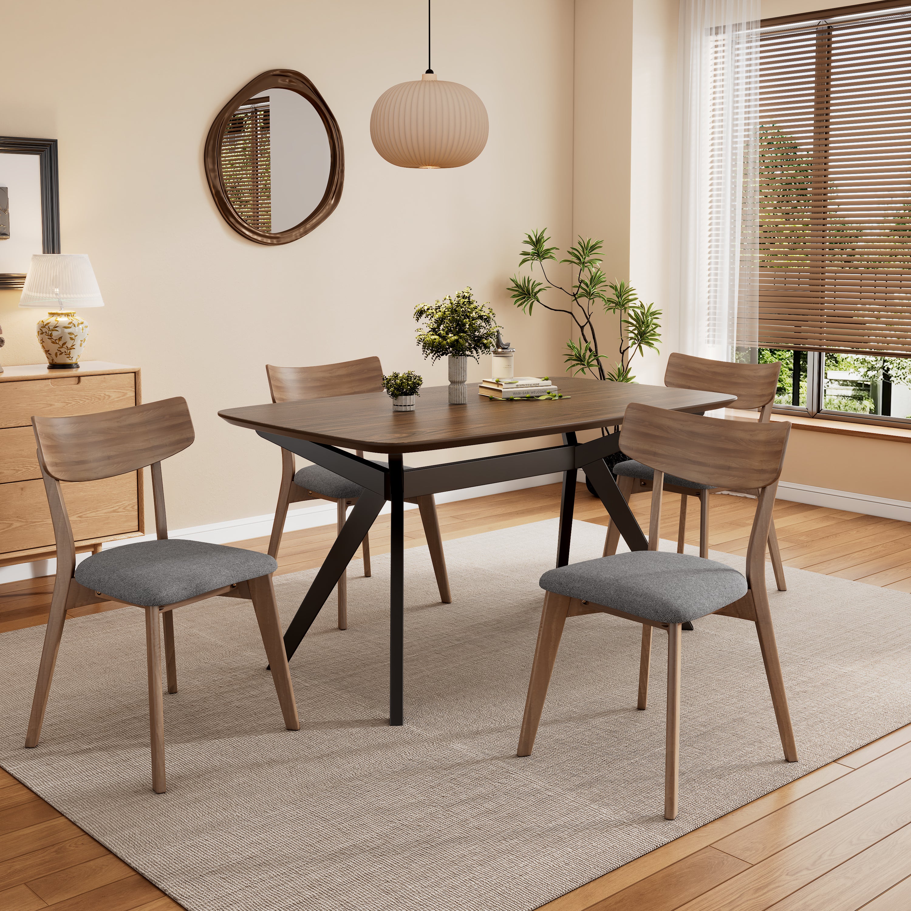 5-Pieces Upholstered Dining Set With Rubberwood Frame, Grey+Walnut+Black