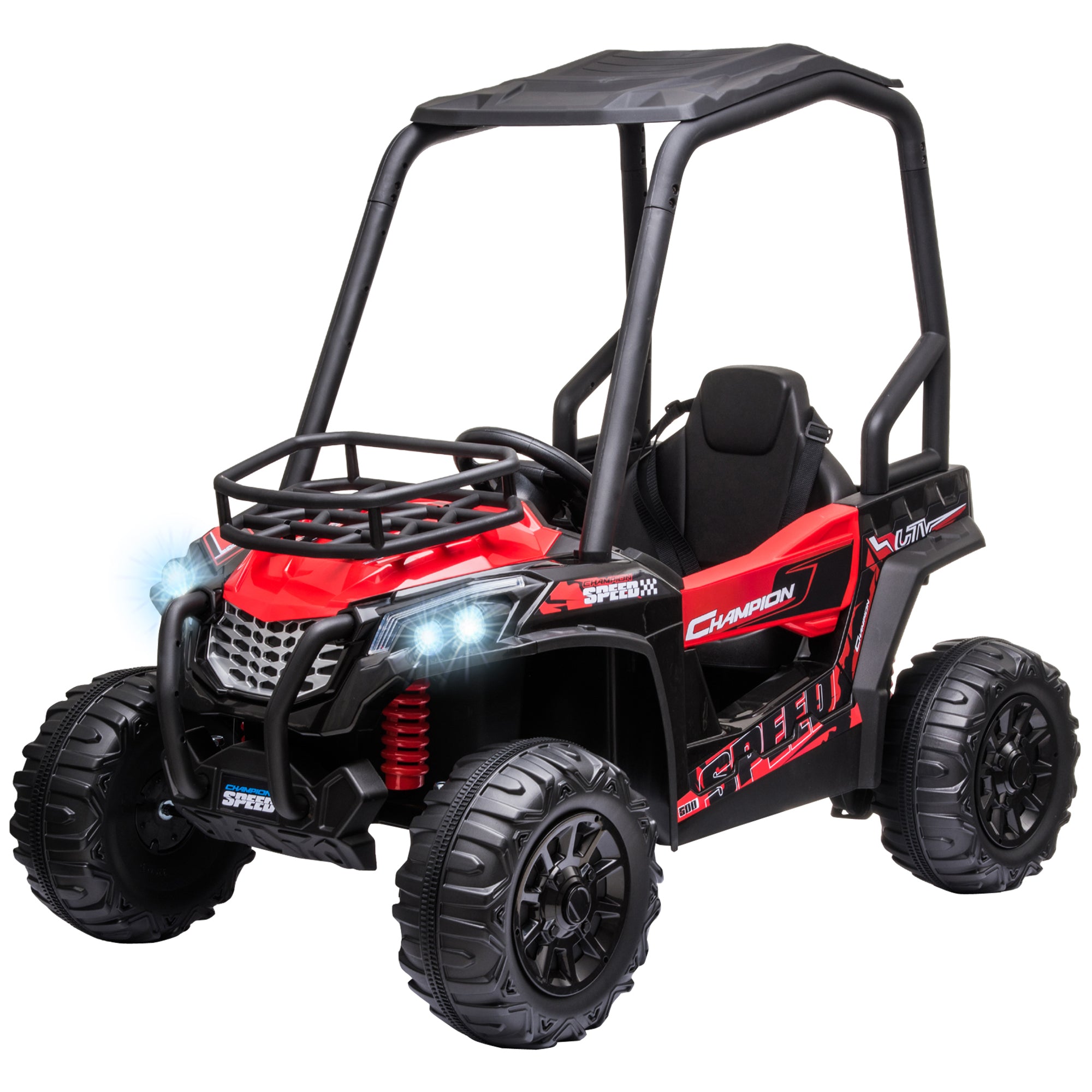 12V Dual Motor Kids Electric Ride-on UTV Toy, Batter Powered Truck with Forward and Reverse Function, Headlights, MP3/USB Music Connection, Suspension, & Remote Control, Red