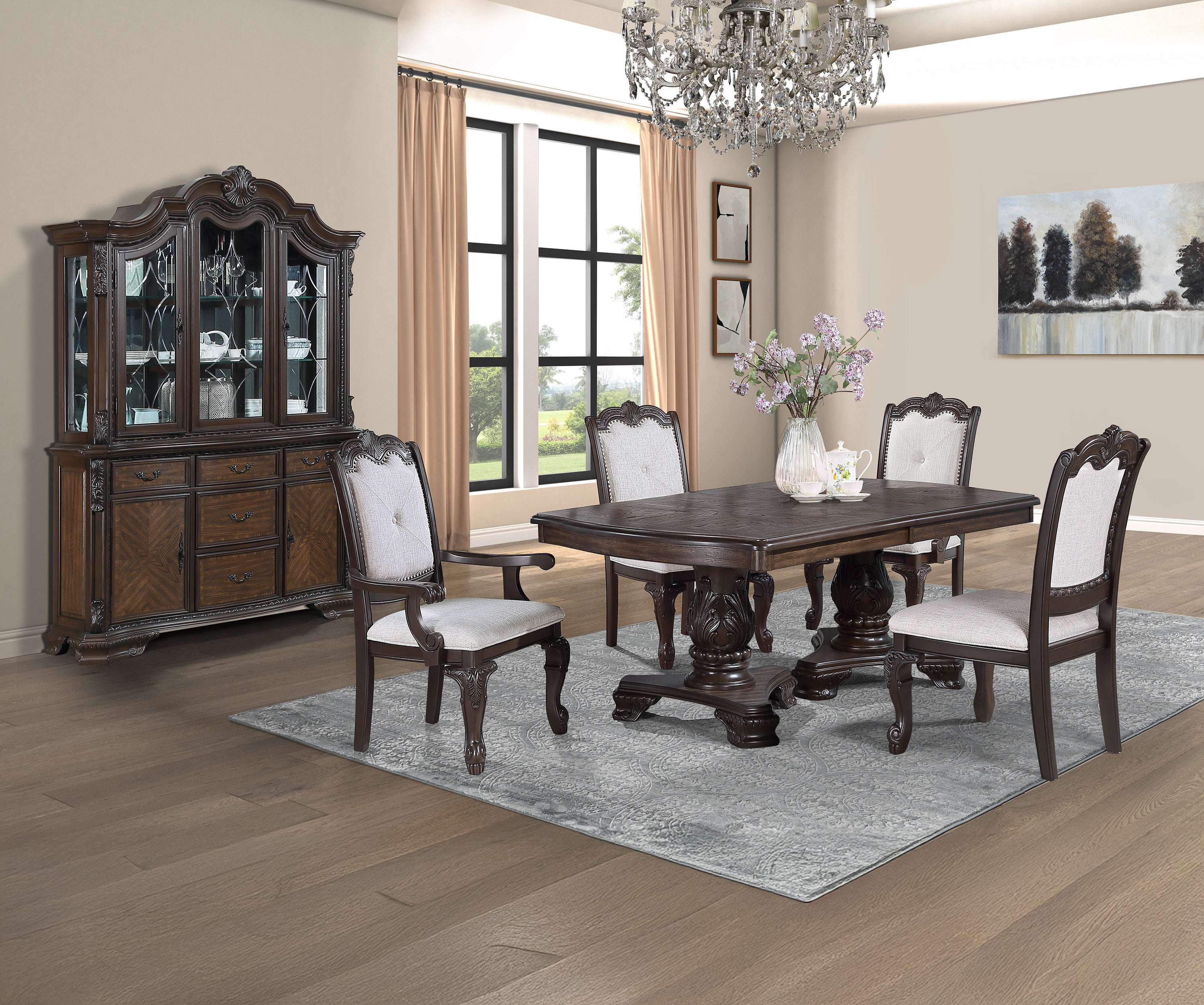 Formal 5pc Rectangular Dining Table 18' Extendable Leaf Side Chair Arm Chair Rich Dark Coffee Brown Finish Intricately Carved Double Pedestal Base Solid Wood Dining Set