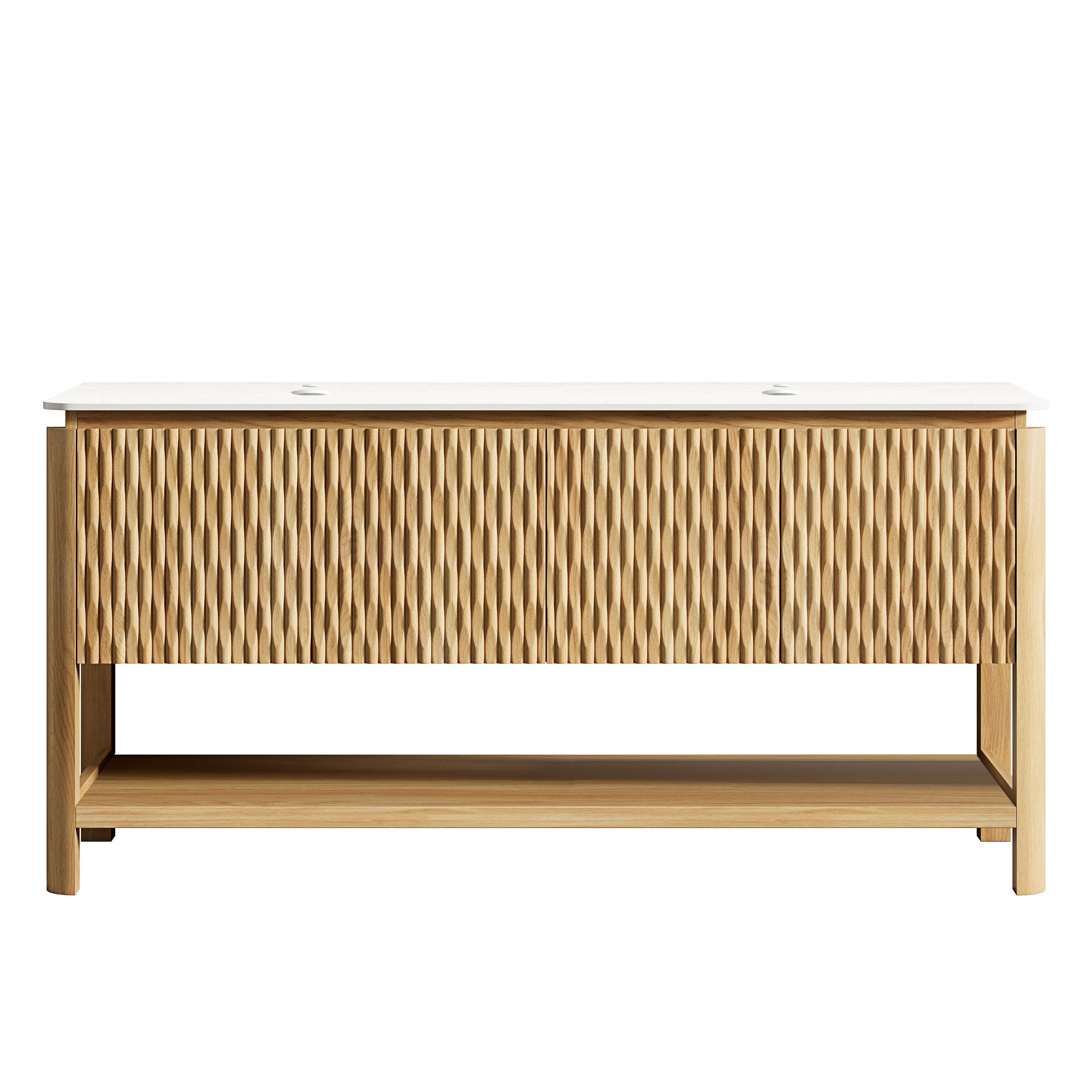 SHARMA 60'' Freestanding Cabinet with 4 Doors&Open Shelf, Carrara White Sintered Stone Top, NO Basin, NO Faucet and Drain, Brown Oak Woodgrain Color