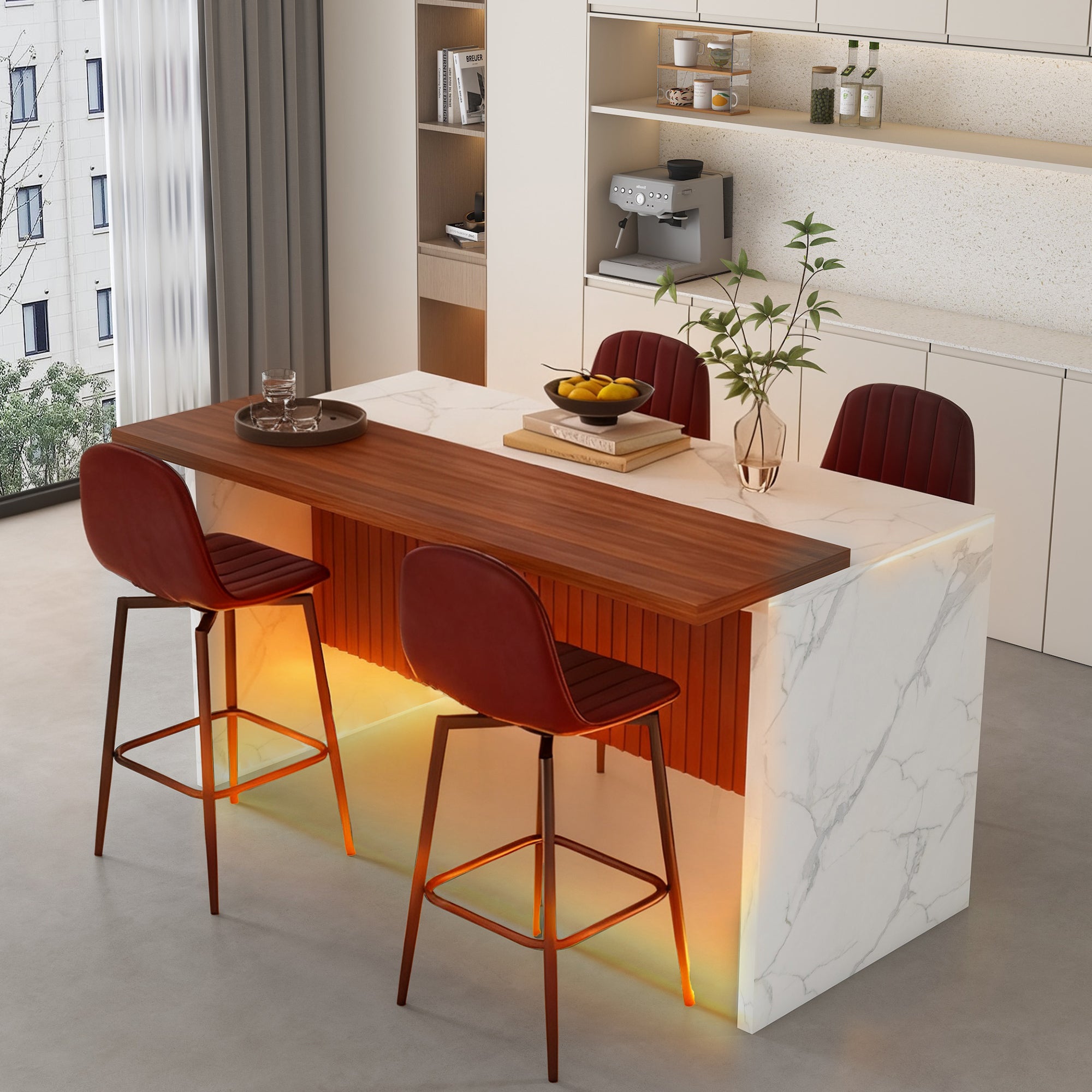 63-inch Modern Kitchen Island Set with 4 Dark Brown Bar Stools - White Marble Look Surface, LED Lighting & Grill Design for Dining Room, Open Concept Spaces, Lounge(4 Dark Brown Bar Stools)