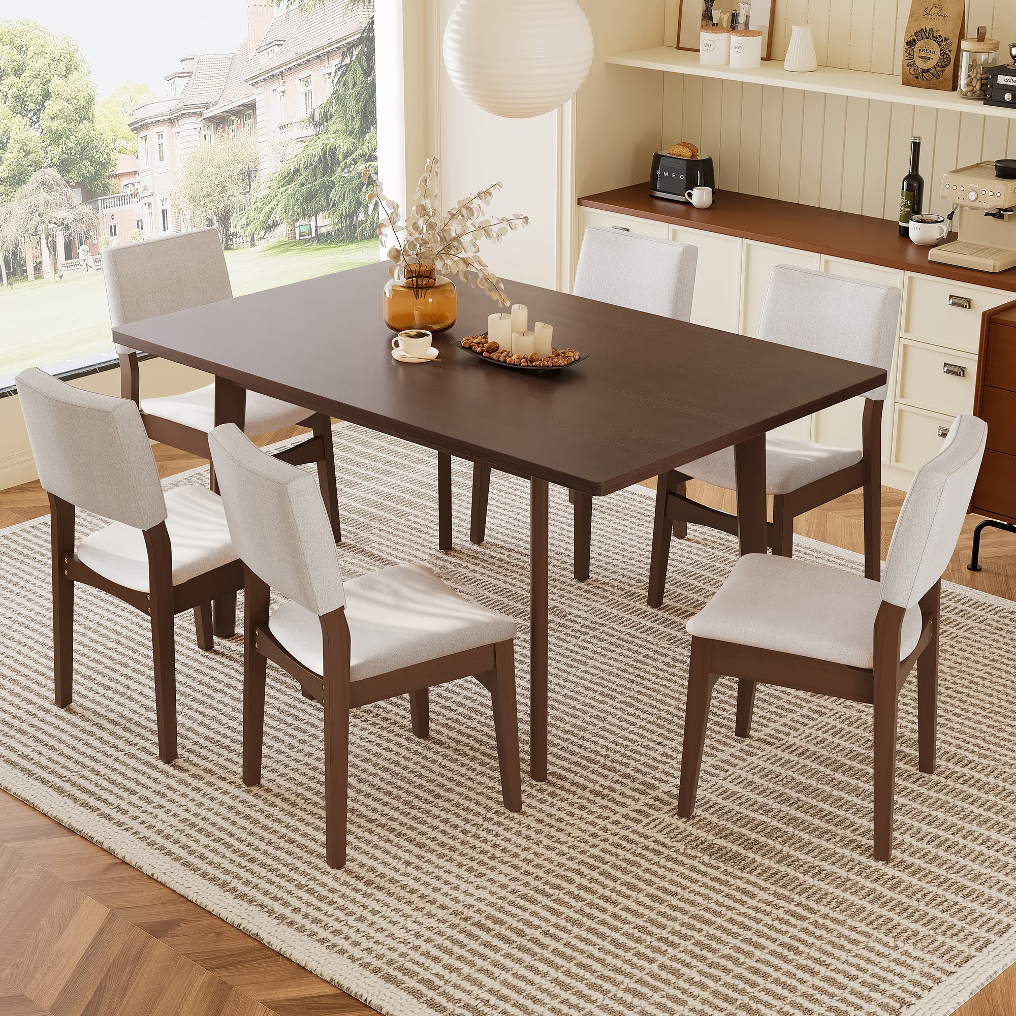 7-Piece Modern Dining Set - Rectangular Solid Wood Table & Upholstered Linen Chairs, Walnut Finish with Beige Fabric for Kitchen/Dining Room, Dark Walnut