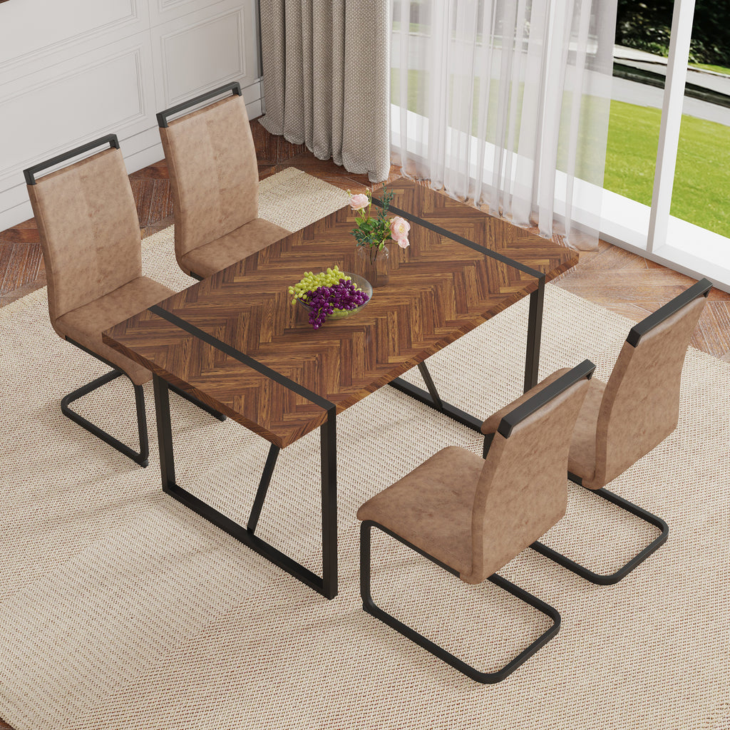 Table and chair set.A retro rectangular dining table with fishbone patterned MDF desktop and black metal legs.Paired With 4 Brown technology fabric chairs with Featuring arched black legs.