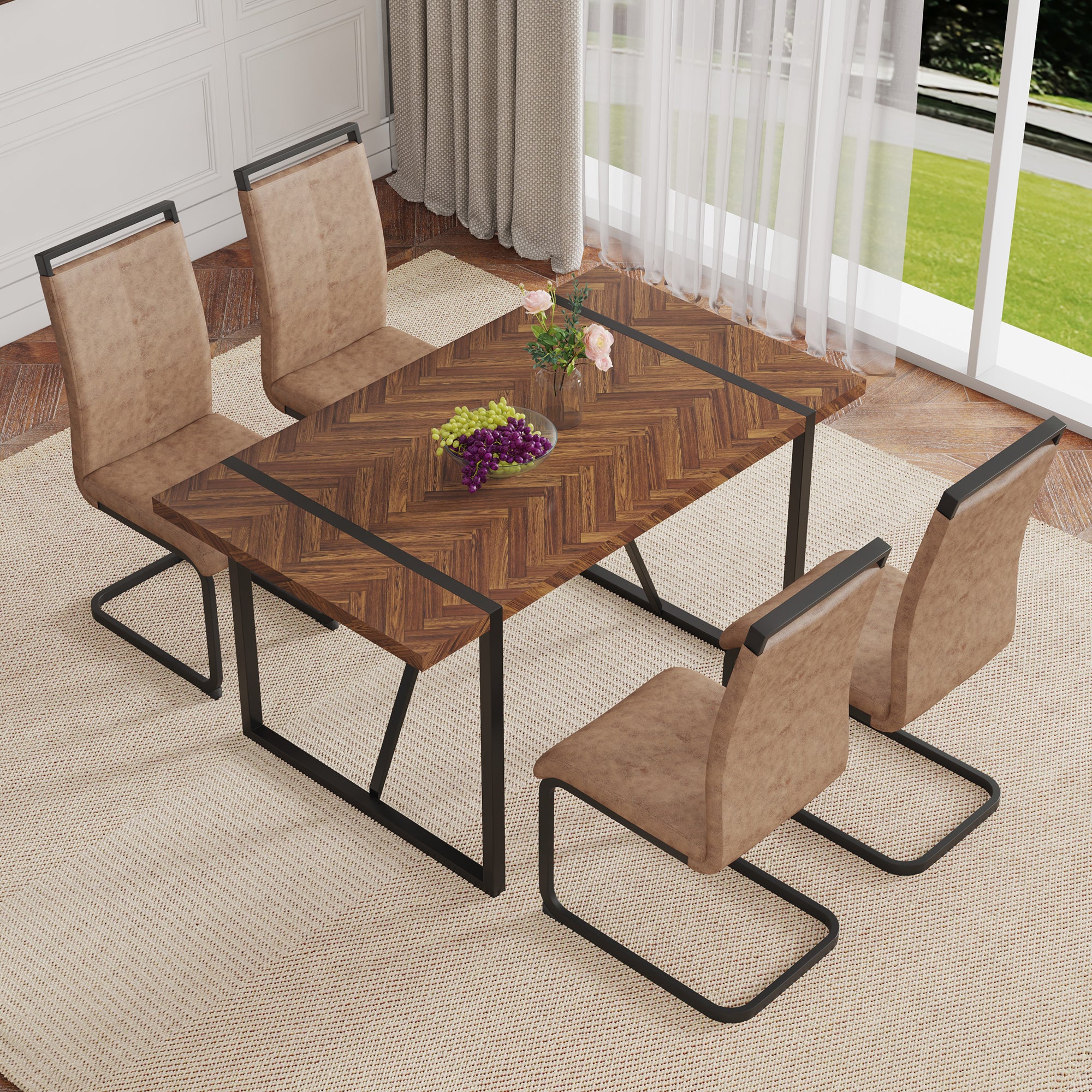 Table and chair set.A retro rectangular dining table with fishbone patterned MDF desktop and black metal legs.Paired With 4 Brown technology fabric chairs with Featuring arched black legs.