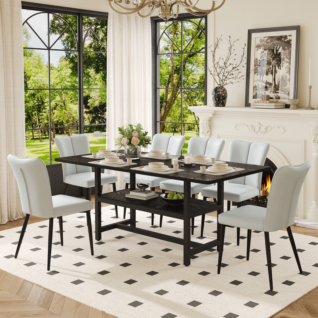 Table and chair set.71*35.4 inch Black Grain Spliced Dining Table With Storage Function In The Middle Of The Legs.Paired with 6 Light Gray PU chairs with a vertical stripe design on the backrest.