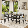 Table and chair set.71*35.4 inch Black Grain Spliced Dining Table With Storage Function In The Middle Of The Legs.Paired with 6 Light Gray PU chairs with a vertical stripe design on the backrest.