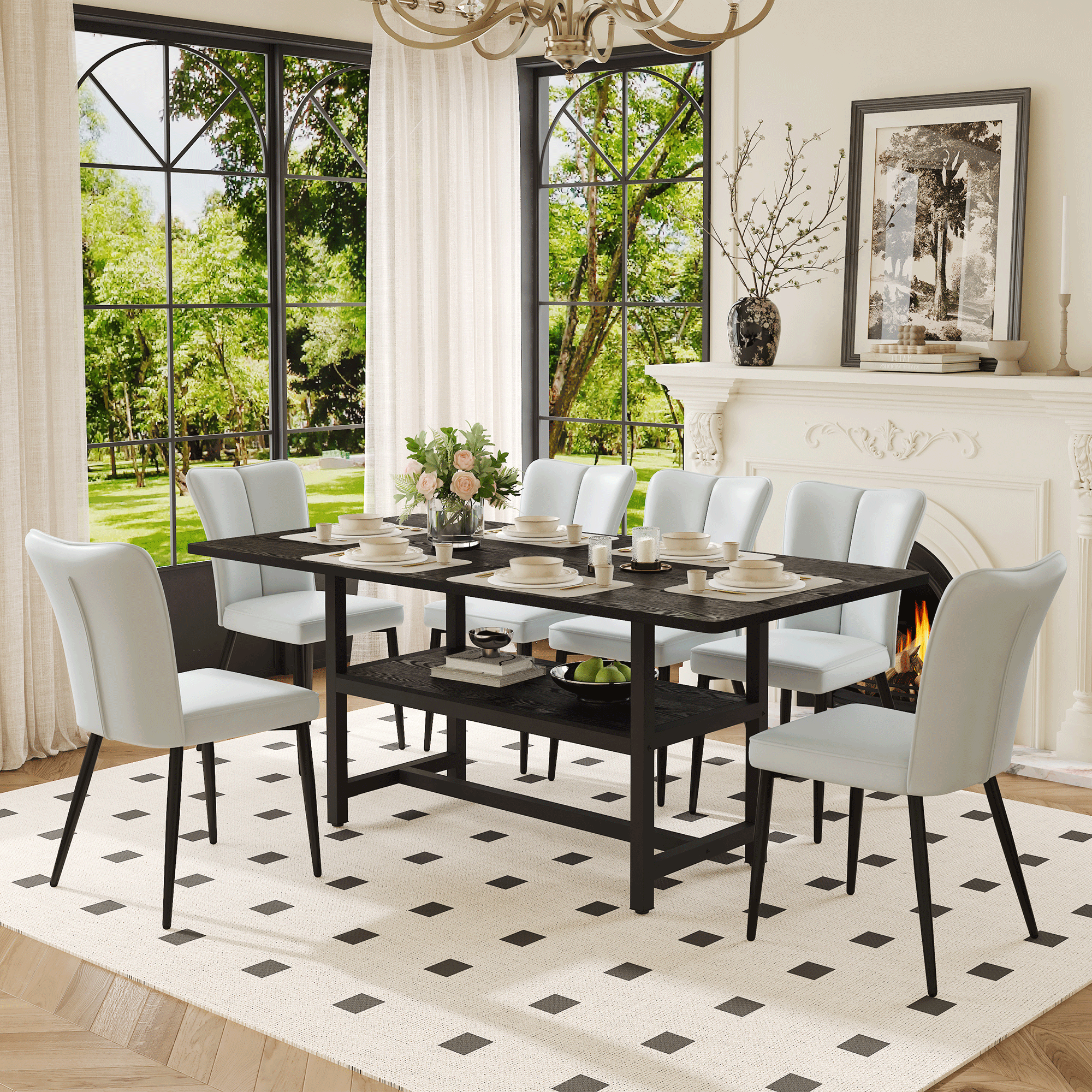 Table and chair set.71*35.4 inch Black Grain Spliced Dining Table With Storage Function In The Middle Of The Legs.Paired with 6 Light Gray PU chairs with a vertical stripe design on the backrest.