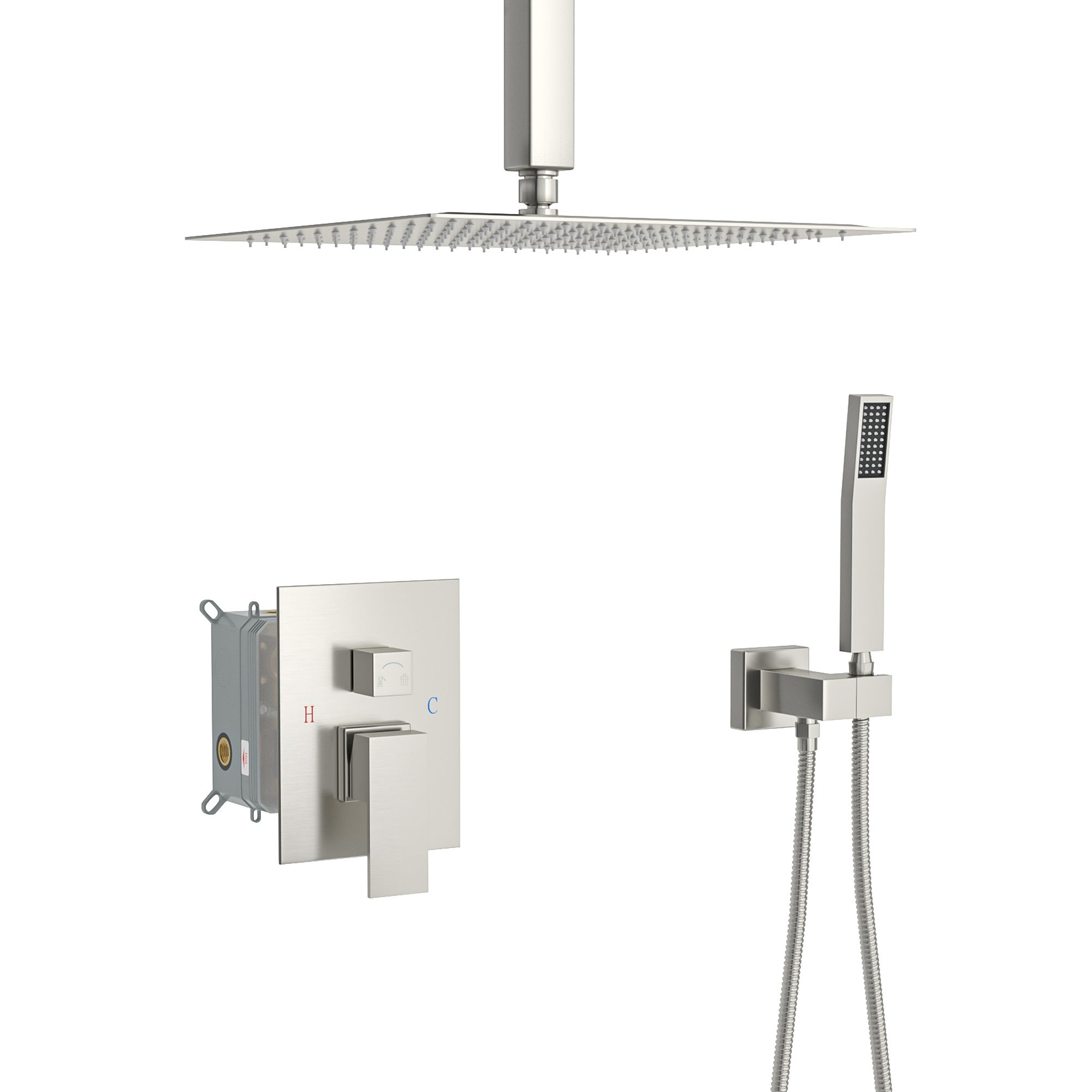 Brushed Nickel Dual Shower Head System with 12 Inch Ceiling Mount and Rough-in Valve