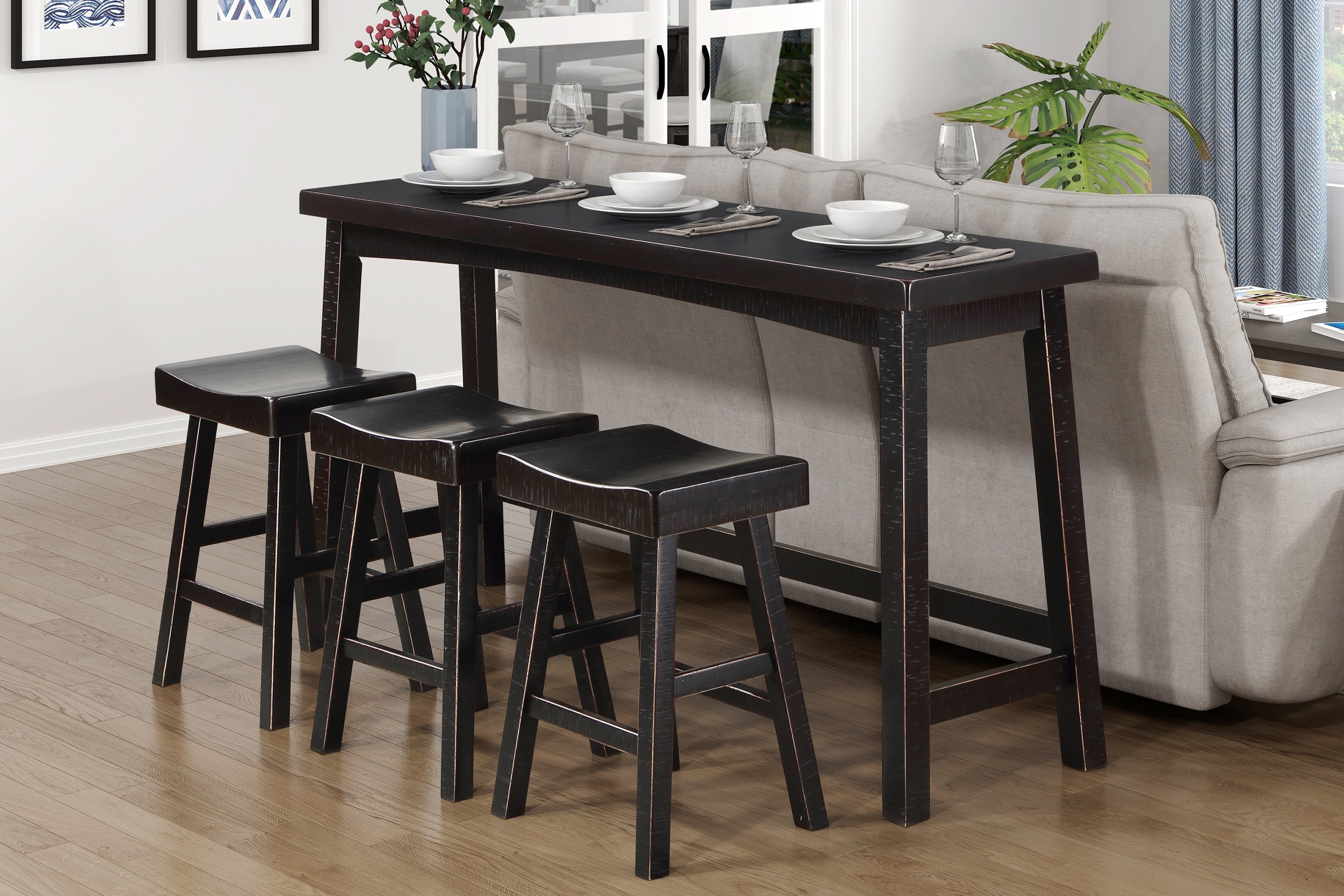 Transitional 4-Piece Counter Height Set, Table and Counter Height Stools Black Finish Solid Rubberwood Furniture