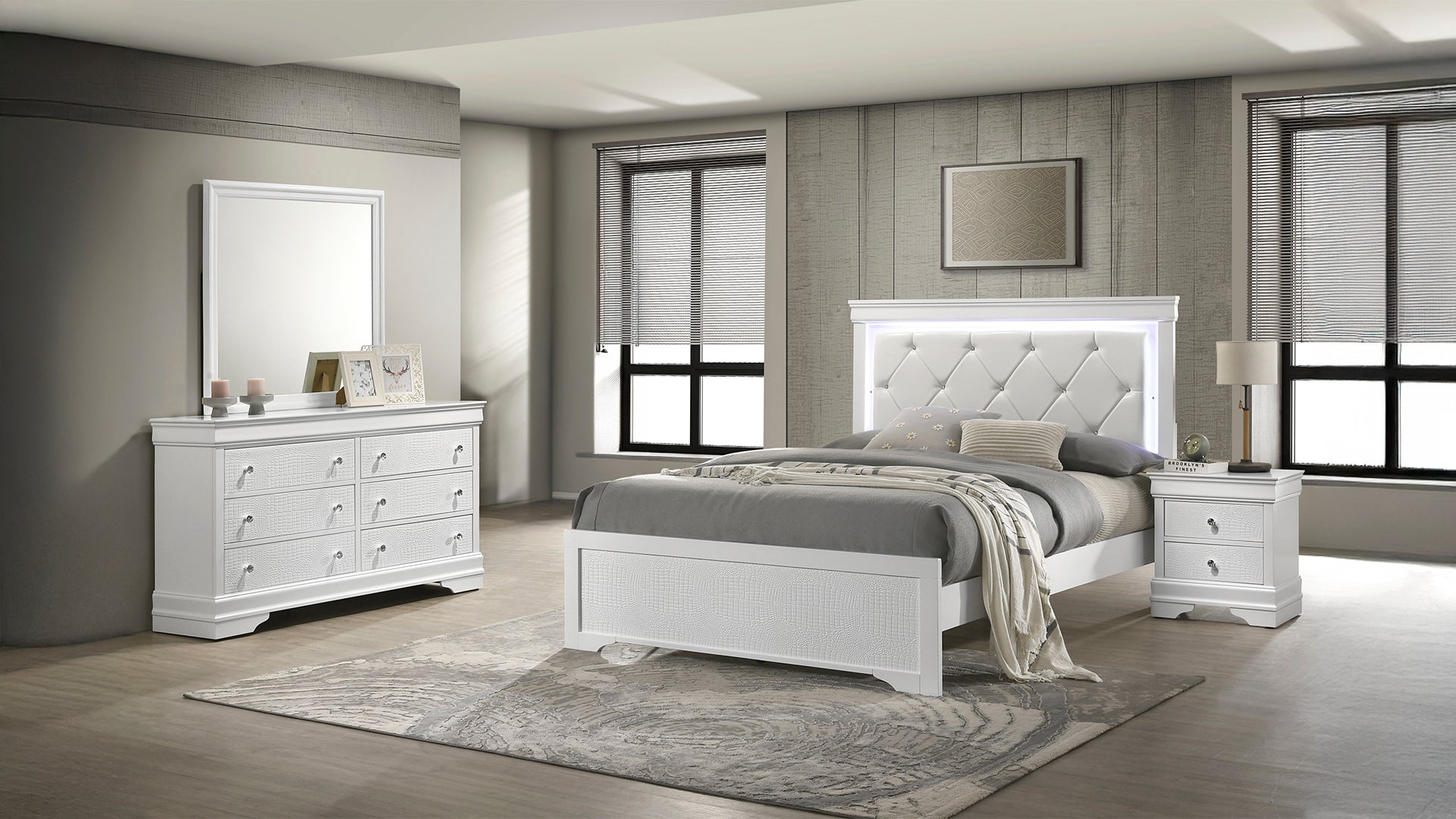 Blaze Upholstered Modern Style 4 Pc Queen Bedroom Set with LED Headboard Made with Wood in White(NJ INVENTORY)