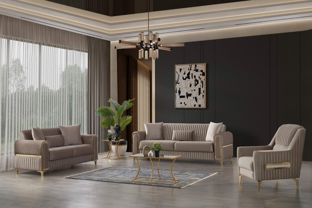 Melody Modern Contemporary Velvet Upholstered 3PC(Sofa + Loveseat + Chair) Sleeper Convertible made with wood and Iron in Taupe (NJ INVENTORY)