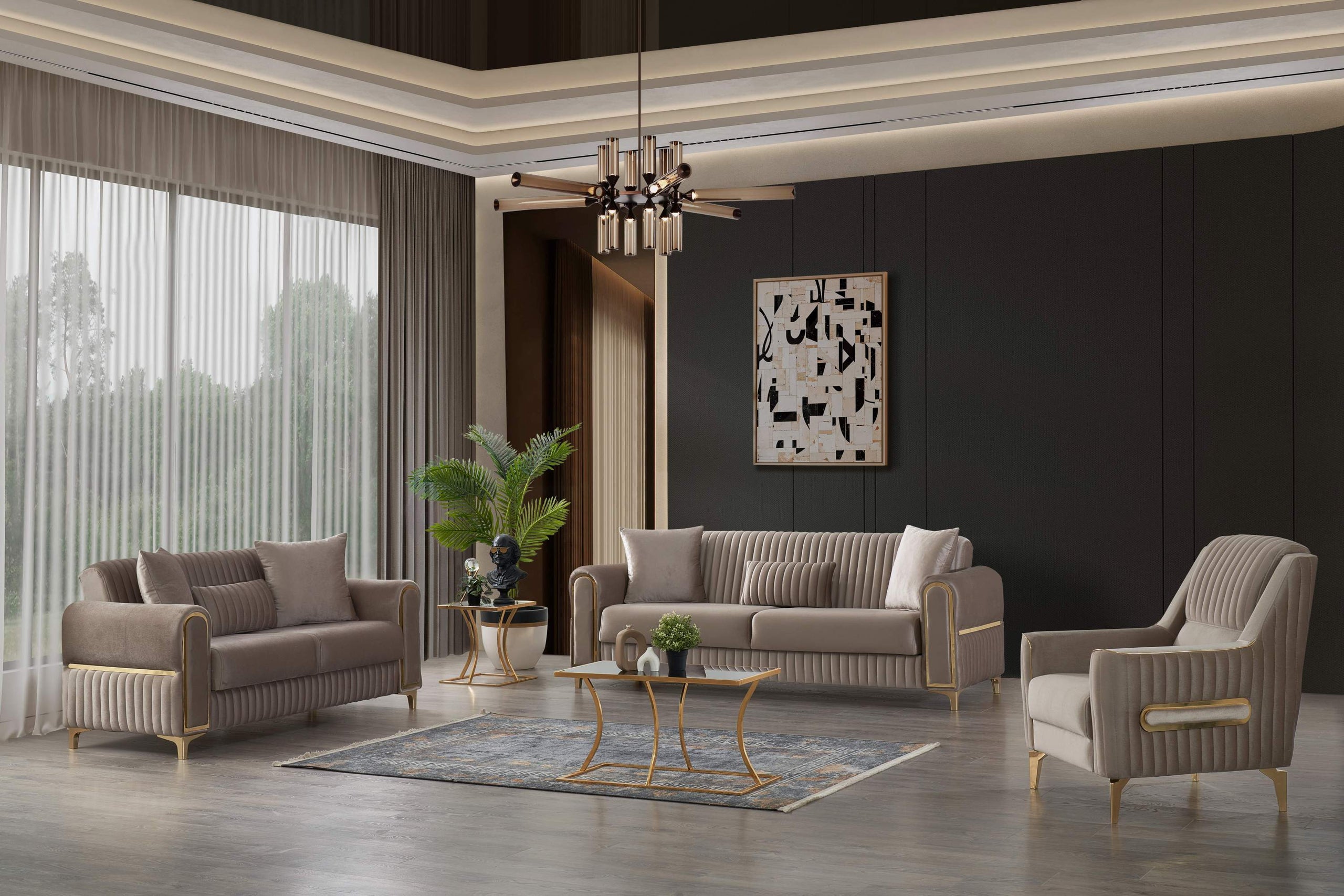 Melody Modern Contemporary Velvet Upholstered 3PC(Sofa + Loveseat + Chair) Sleeper Convertible made with wood and Iron in Taupe (NJ INVENTORY)