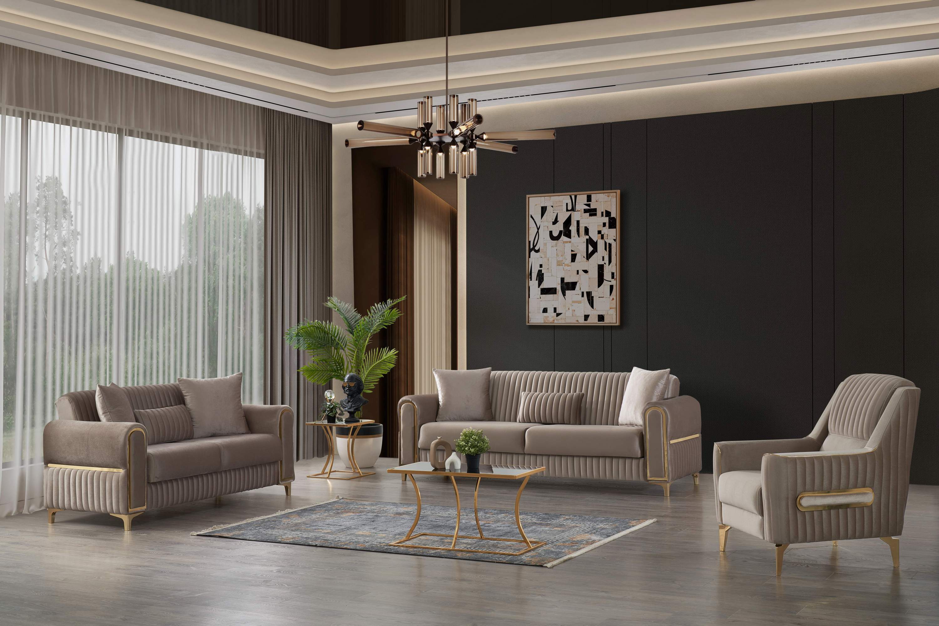 Melody Modern Contemporary Velvet Upholstered 3PC(Sofa + Loveseat + Chair) Sleeper Convertible made with wood and Iron in Taupe (NJ INVENTORY)