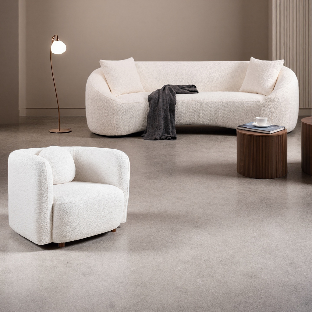 3+1, 93.31' Minimalist Curved Sofa, 3 Seater, White Boucle Fleece Upholstered Sofa, Tight Curved Back Cloud Couch for Living Room  Apartment Office, White
