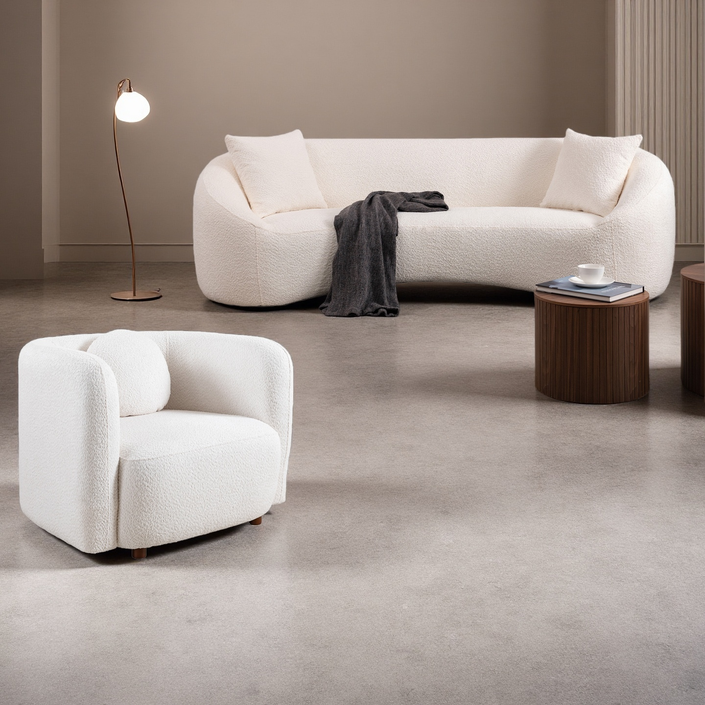 3+1, 93.31' Minimalist Curved Sofa, 3 Seater, White Boucle Fleece Upholstered Sofa, Tight Curved Back Cloud Couch for Living Room  Apartment Office, White