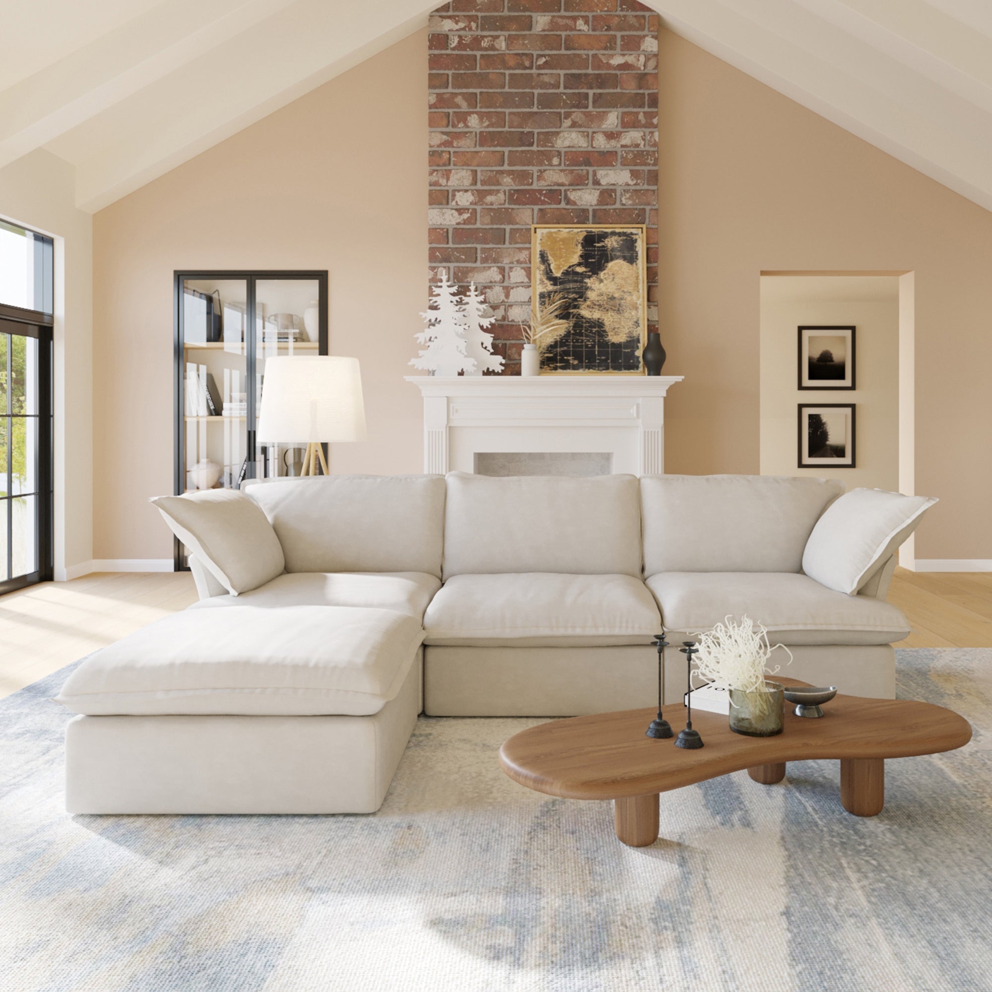 Sky Classic Velvet Cloud Sofa Pet-Friendly Cover 123-Inch Velvet L-Shaped Sectionals 4-Seaters Khaki