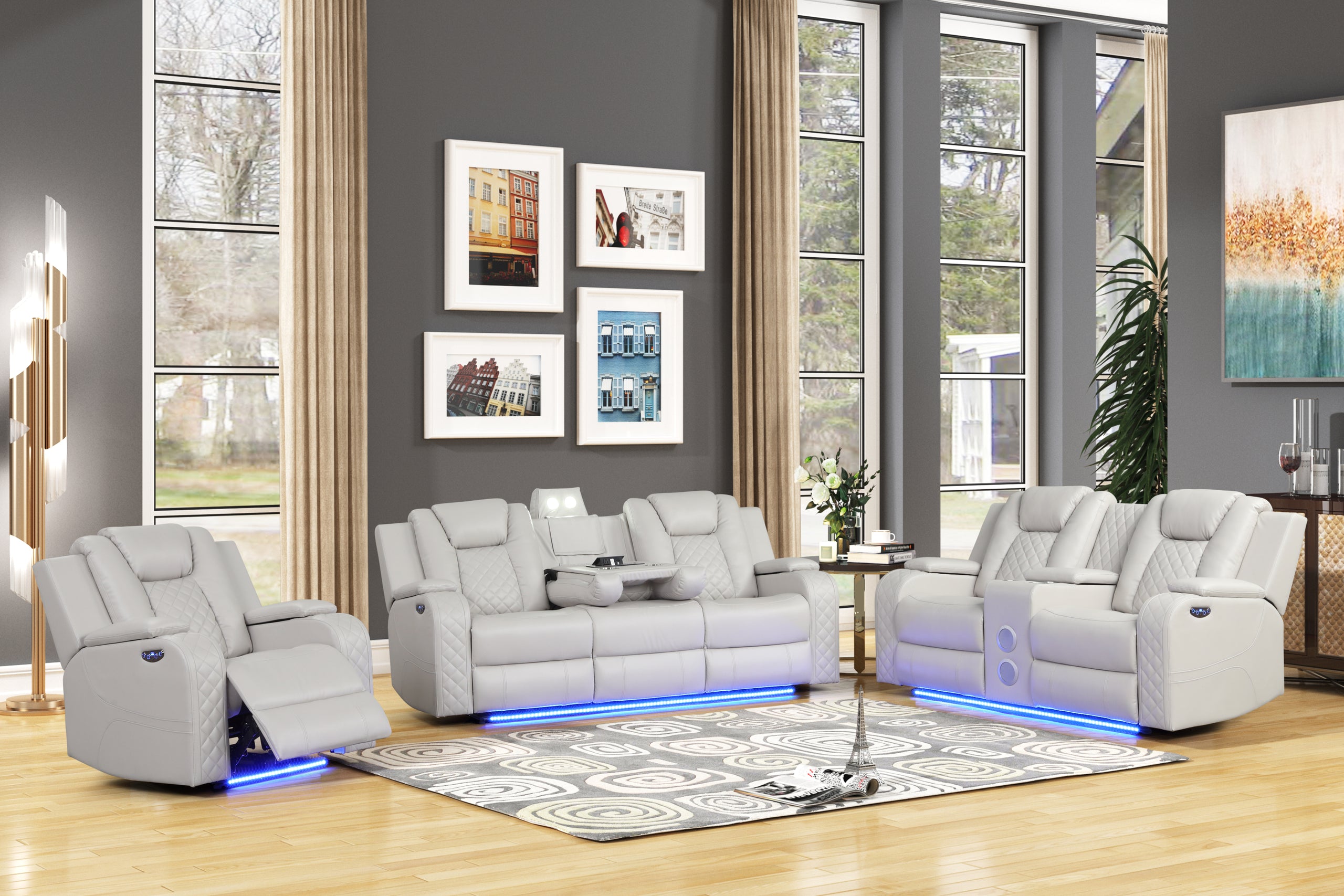 BENZ LED & Power Recliner 3 PC Made With Faux Leather in Ice (CA INVENTORY)