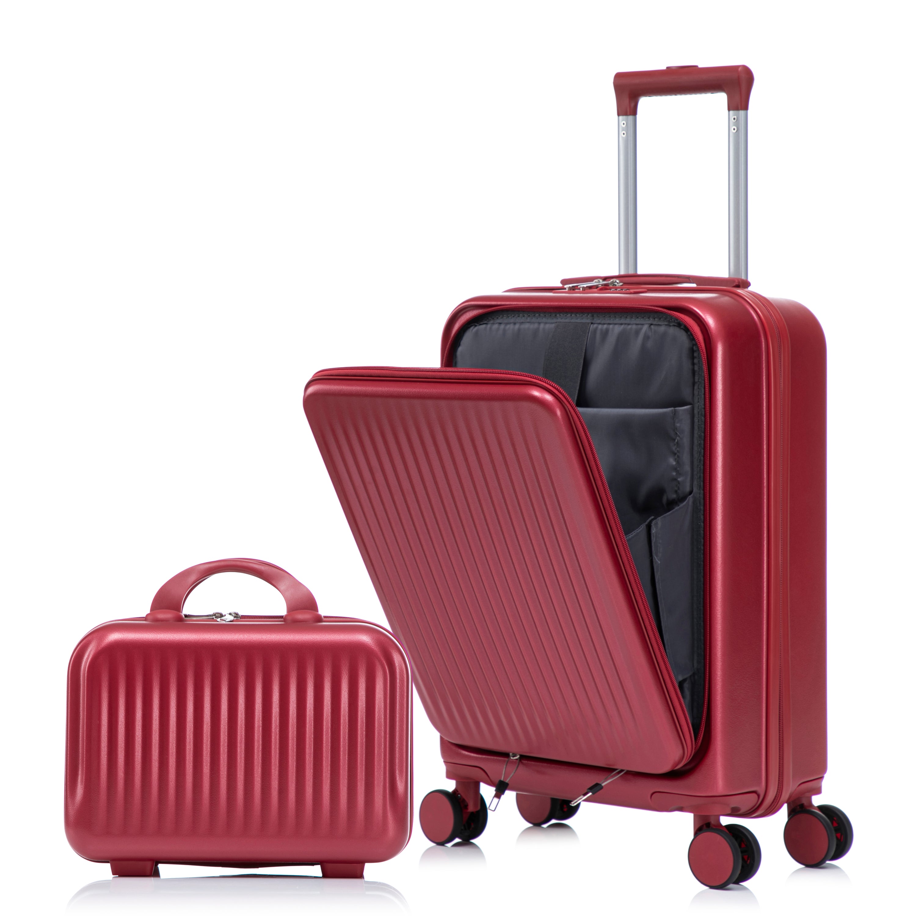 14'/20' 2 pcs/set in ABS Spinner Wheel Luggage, with Combination Lock and Front Opening Design, 14' Cosmetic Case (Red)