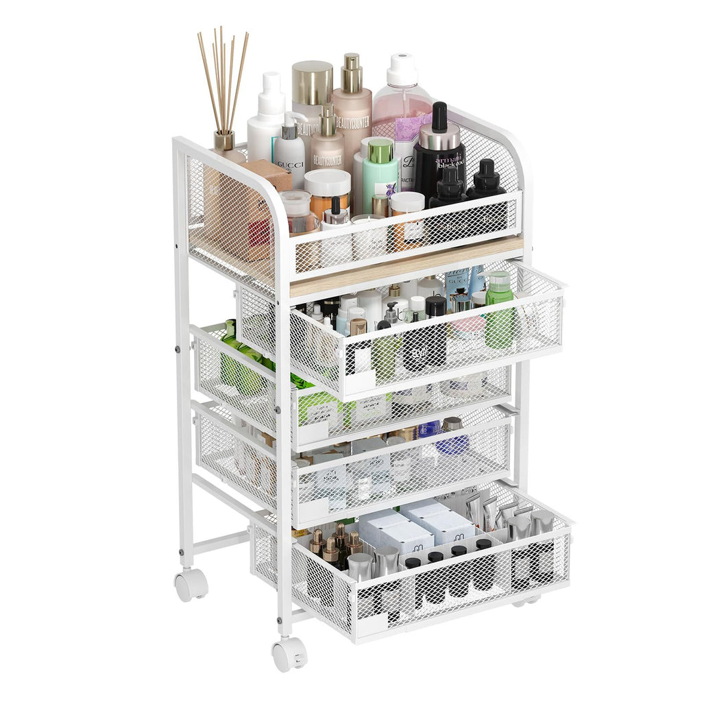 Makeup Organizer with 4 Drawers, Skincare Storage, Floor Skincare Organizers with Wheels Nameplates,Vanity Cosmetic Holder for Perfume, Nail Polish, Brushes, White