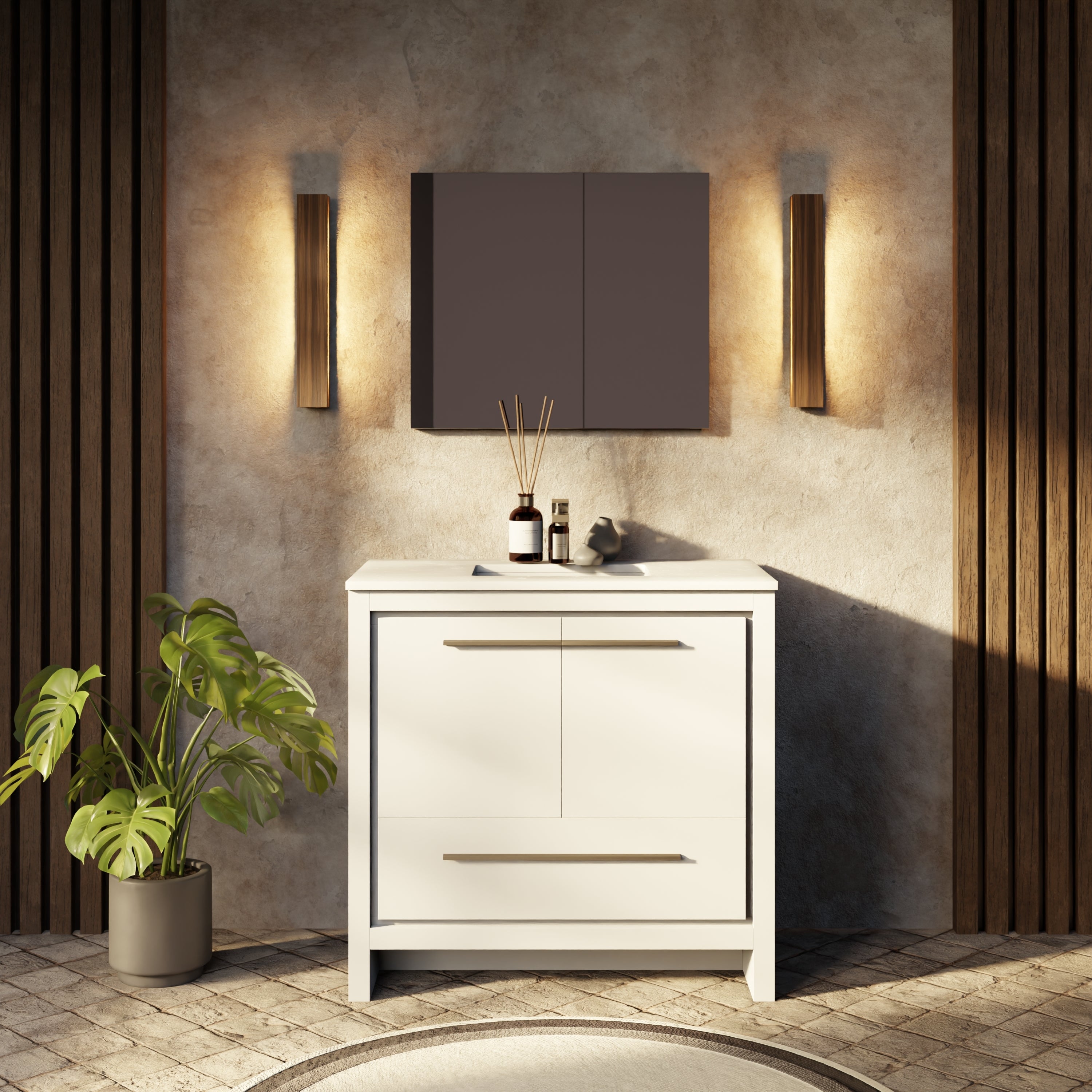 White Bath Vanity 36 in. W x 20 in. D, Cultured Marble Top and 28 in. Mirror