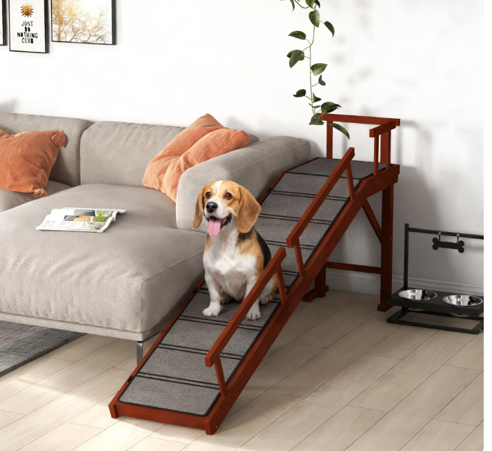 Wooden Dog Ramp with Removable Guardrails, Non-Slip Surface, Brown