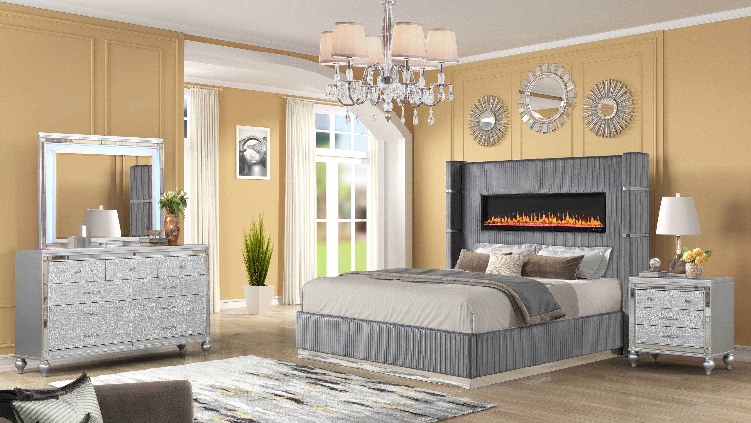 LIZELLE Upholstery Wooden Queen 4 PC Bedroom set with Ambient lighting in Gray Velvet Finish(NJ INVENTORY)