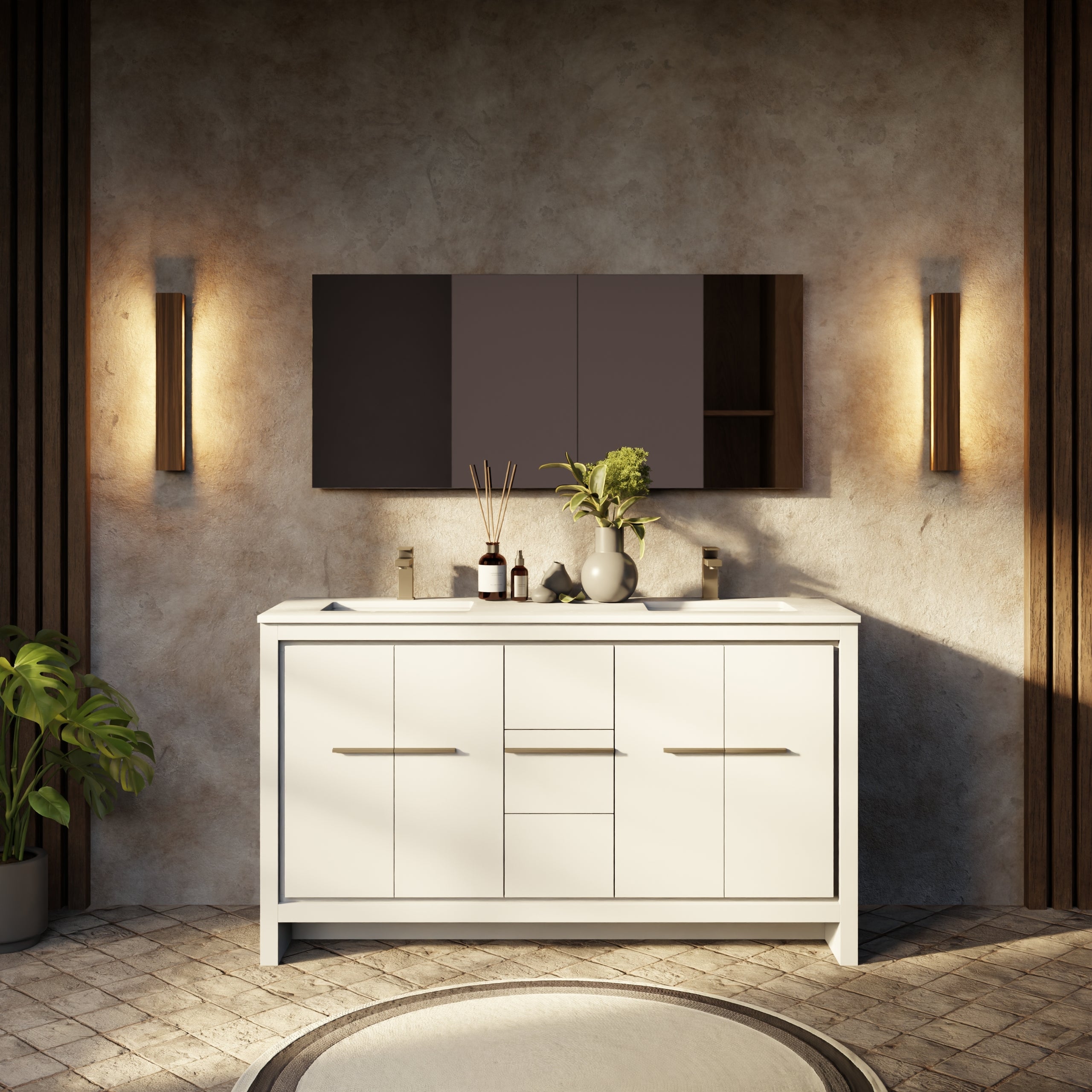 White Double Bath Vanity 60 in. W x 20 in. D, White Quartz Top, Gun Metal Faucet Set and 55 in. Mirror