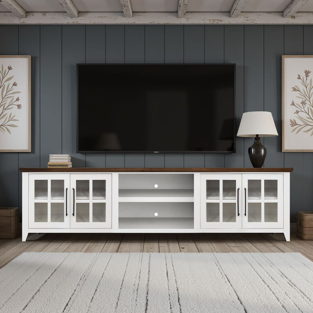 Providence 96 inch TV Stand Console, For TVs up to 100 inches, No Assembly Required, White and Bourbon Finish