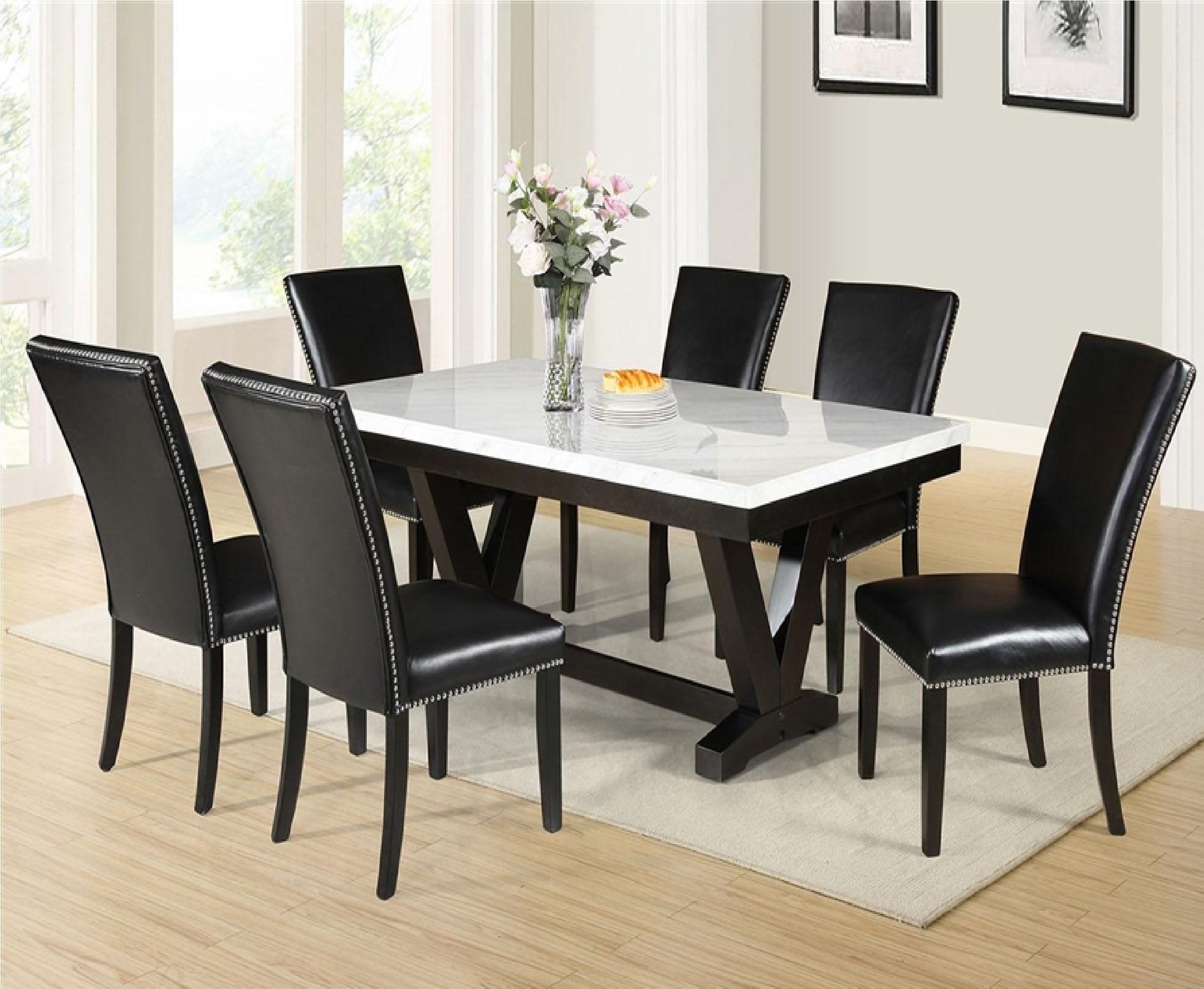 White Faux Marble & Black Finish Dining Table Set Black Faux Leather Upholstered Chairs Nailhead Trim Polyurethane Fabric 7pc Set