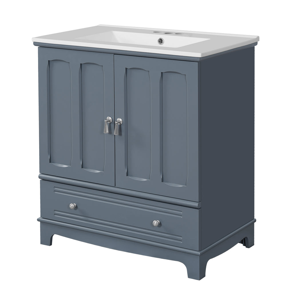 Modern Blue Bathroom Vanity with Ceramic Sink, Solid Wood Frame Cabinet with Adjustable Shelf and Drawer Divider, 30'