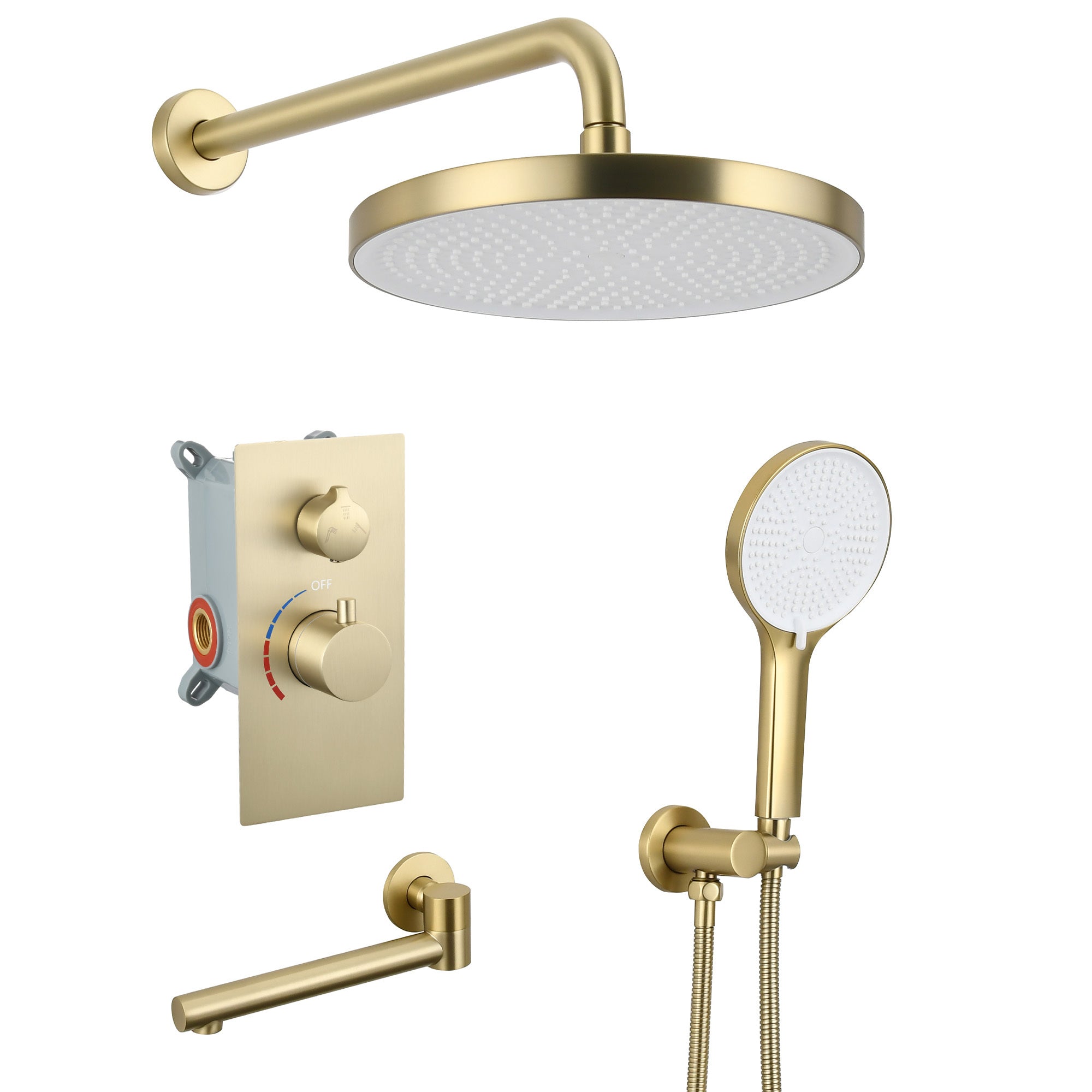 Luxury Shower System Set with Brass Valve, 10' Rain Shower, Handheld, Bathtub Spout - Brushed Gold