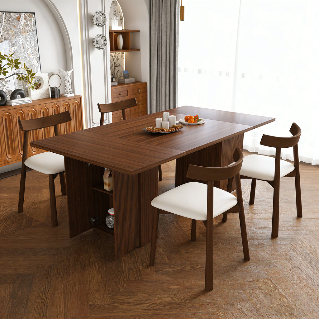 78 Inch Long Dining Table Set for 4 in Natural Wood Veneer, Rectangular MDF Kitchen Table with Storage Base & 4 PU Cushioned Chairs, Modern Rustic Dining Set for Kitchen and Dining Room