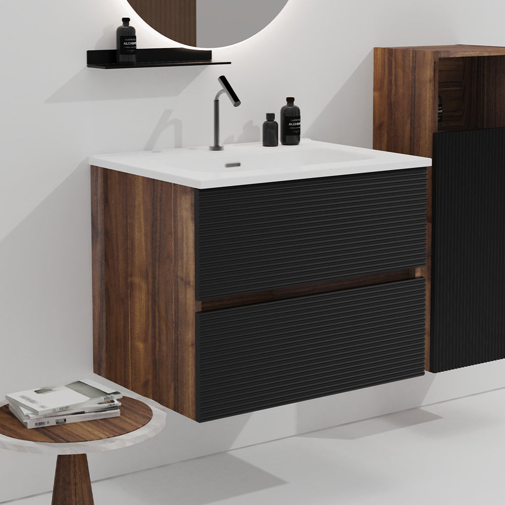 Gloria 24' Wall Mounted Soft Black & Walnut Bathroom Vanity with Integrated Ceramic Sink with Overflow, Large Storage Floating Bathroom Vanity for Modern Bathroom, KD