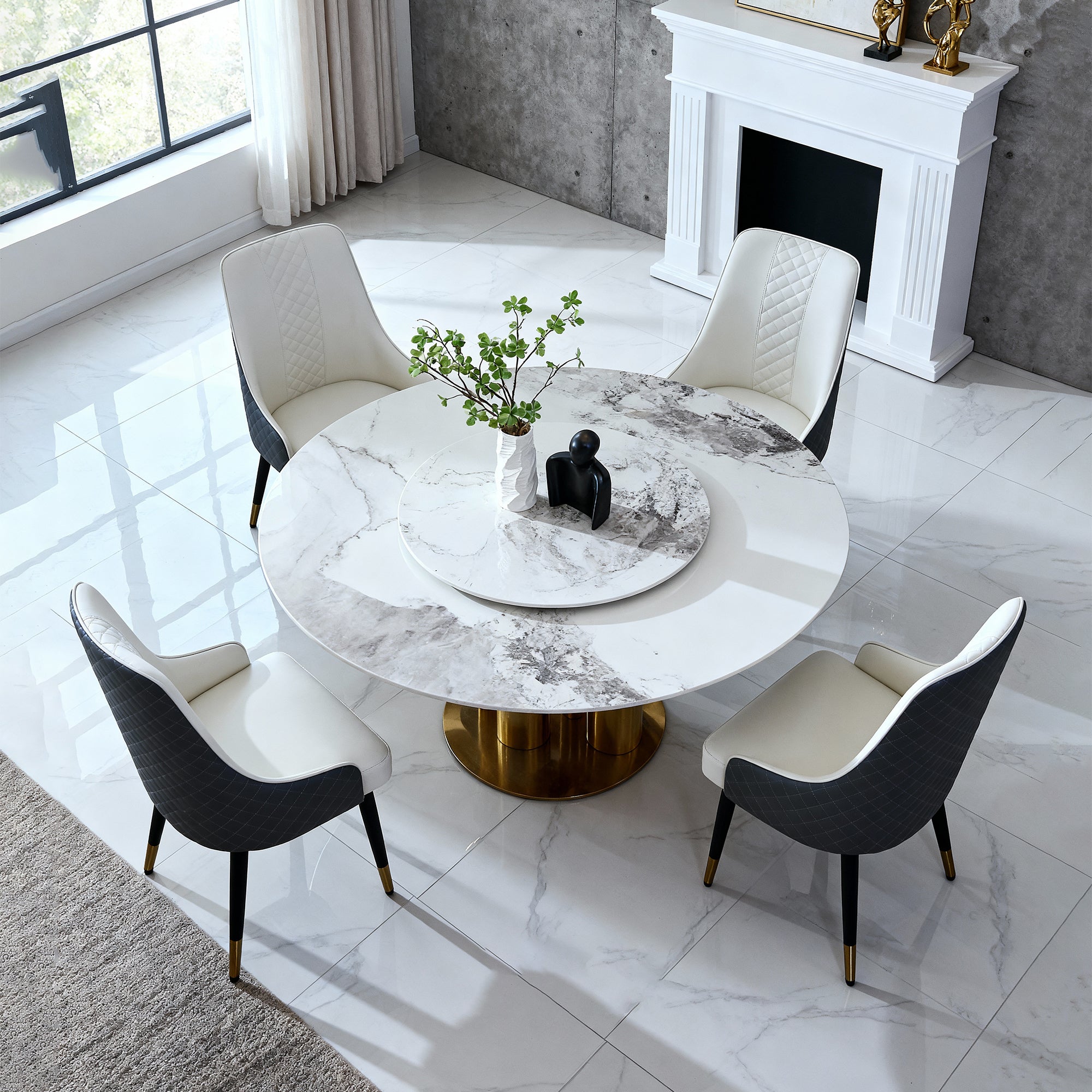 59' Round Dining Table with 360° Rotating Lazy Susan, Scratch-Resistant Sintered Stone Top, Modern Minimalist Design for Compact Kitchen & Dining Room (4 chairs)