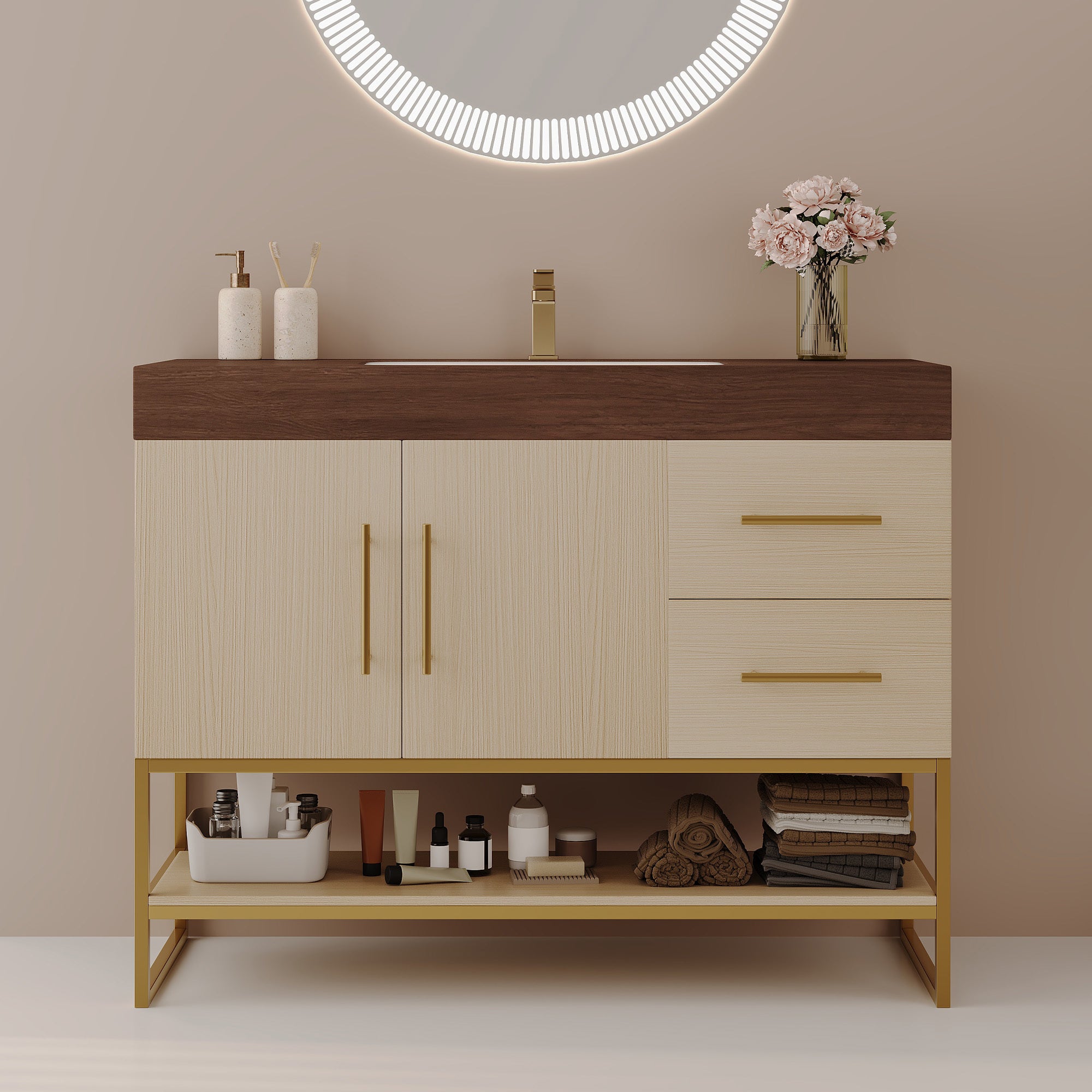 36' Modern Bathroom Vanity with Seamless Ceramic Sink & Gold Accent Free Standing Cabinet