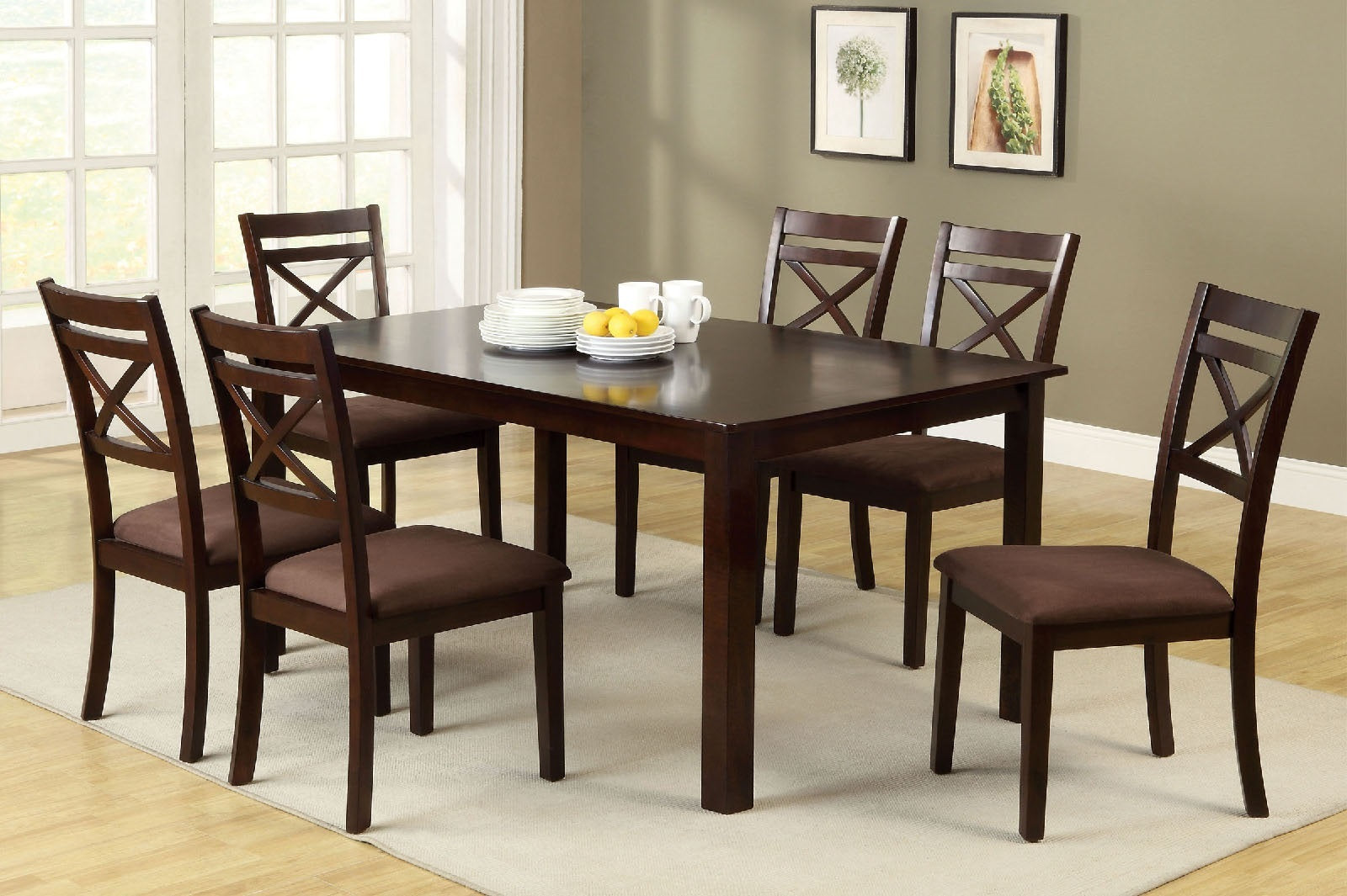 Transitional Style 7pc Dining Table Set 1x Table 6x Chair Microfiber Padded Seat Cross Back Seat Espresso Finish