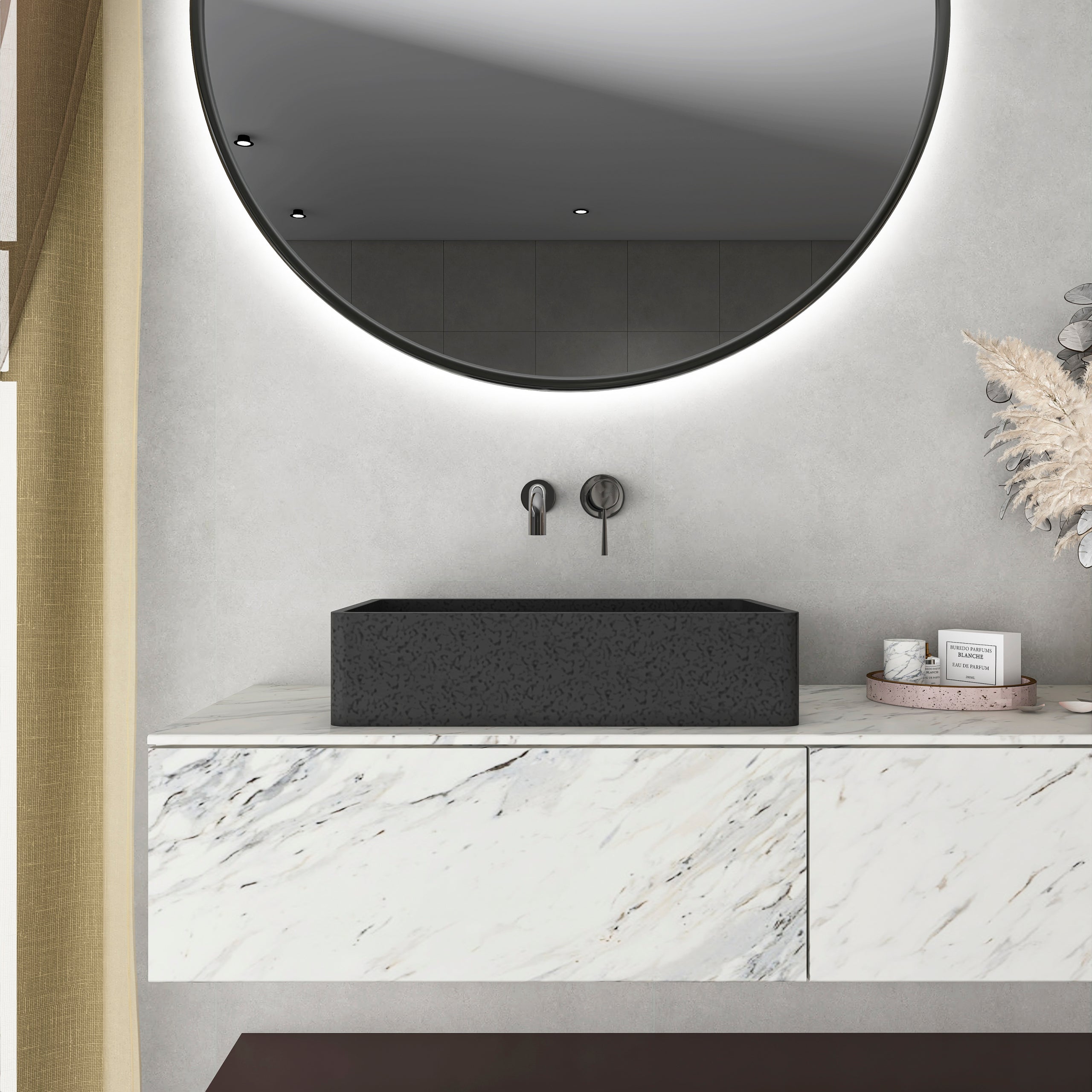 19.68'' Concrete Vessel Rectangular Modern Dark Gray with Patterns Bathroom Sink