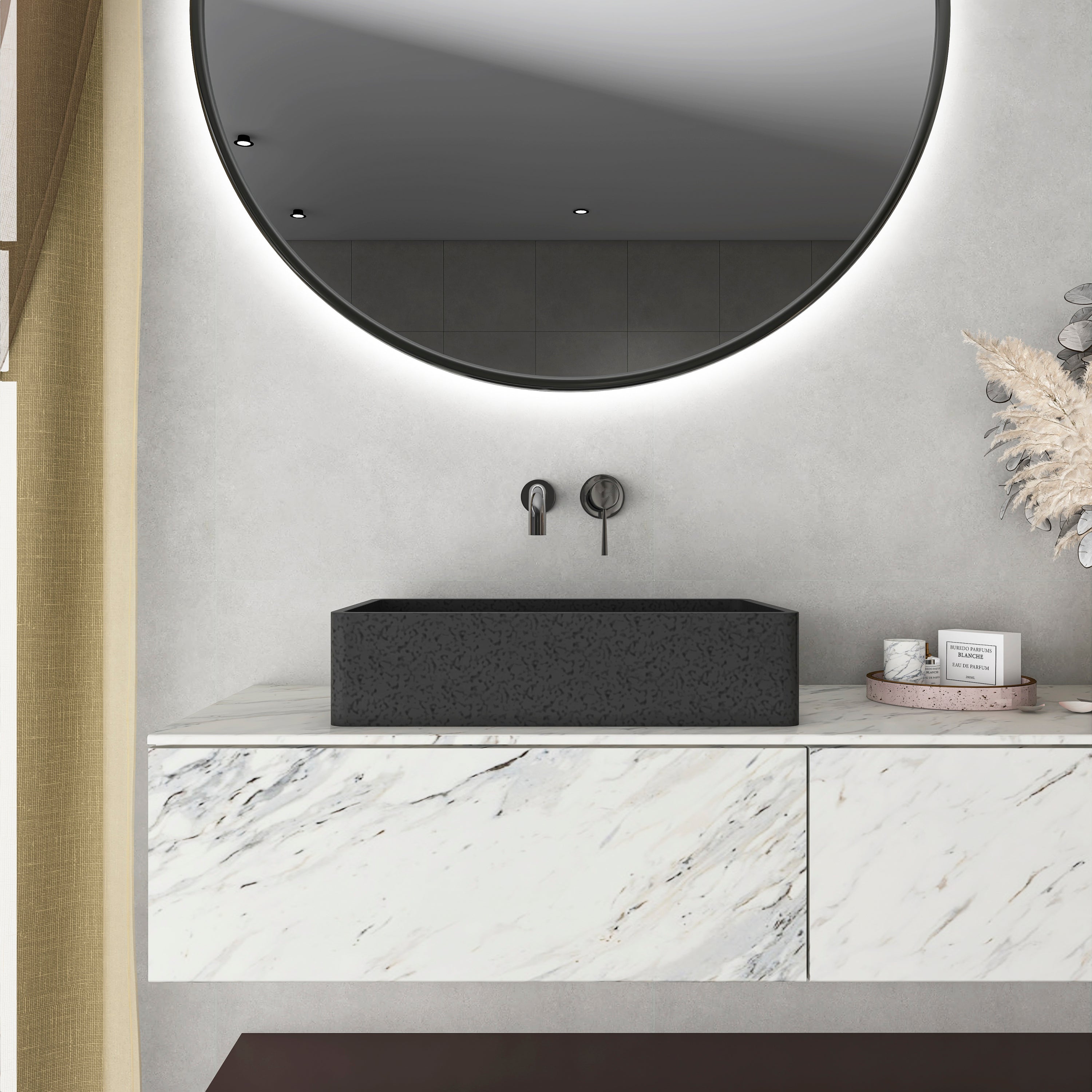 19.68'' Concrete Vessel Rectangular Modern Dark Gray with Patterns Bathroom Sink