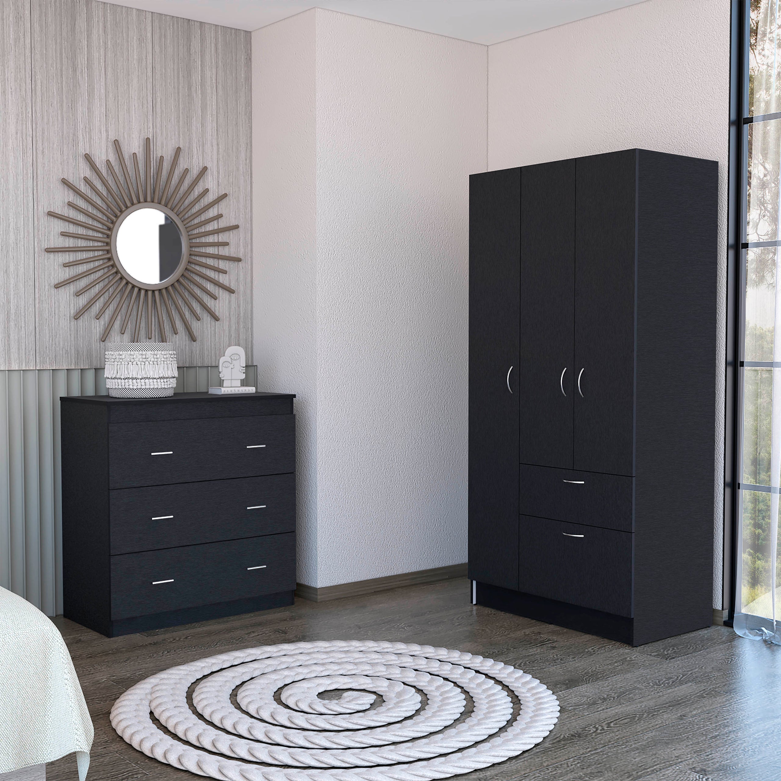 2 Piece Bedroom Set, Cartagena Armoire + Capri Three Drawer Dresser, Black