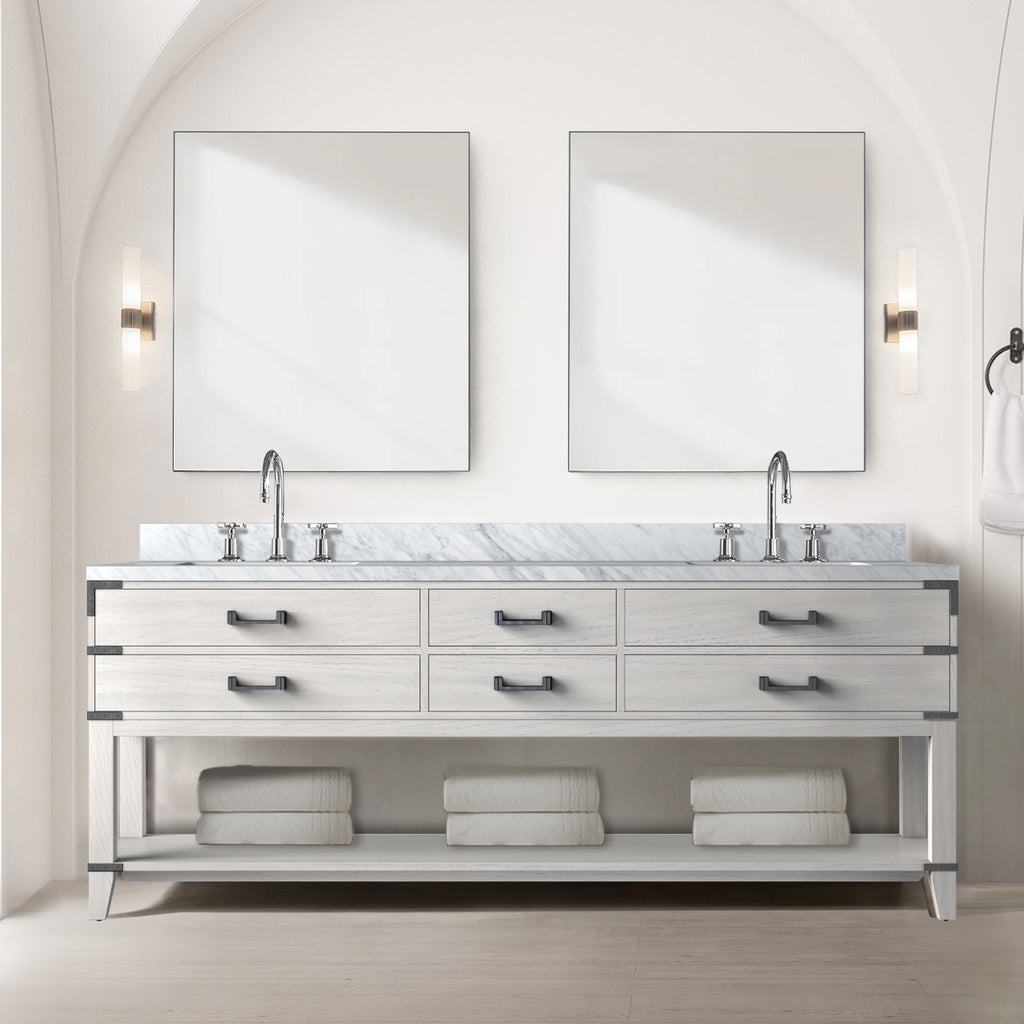 White Oak Double Bath Vanity 84 in. W x 22 in. D, Carrara Marble Top, and Faucet Set