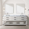 White Oak Double Bath Vanity 84 in. W x 22 in. D, Carrara Marble Top, and Faucet Set