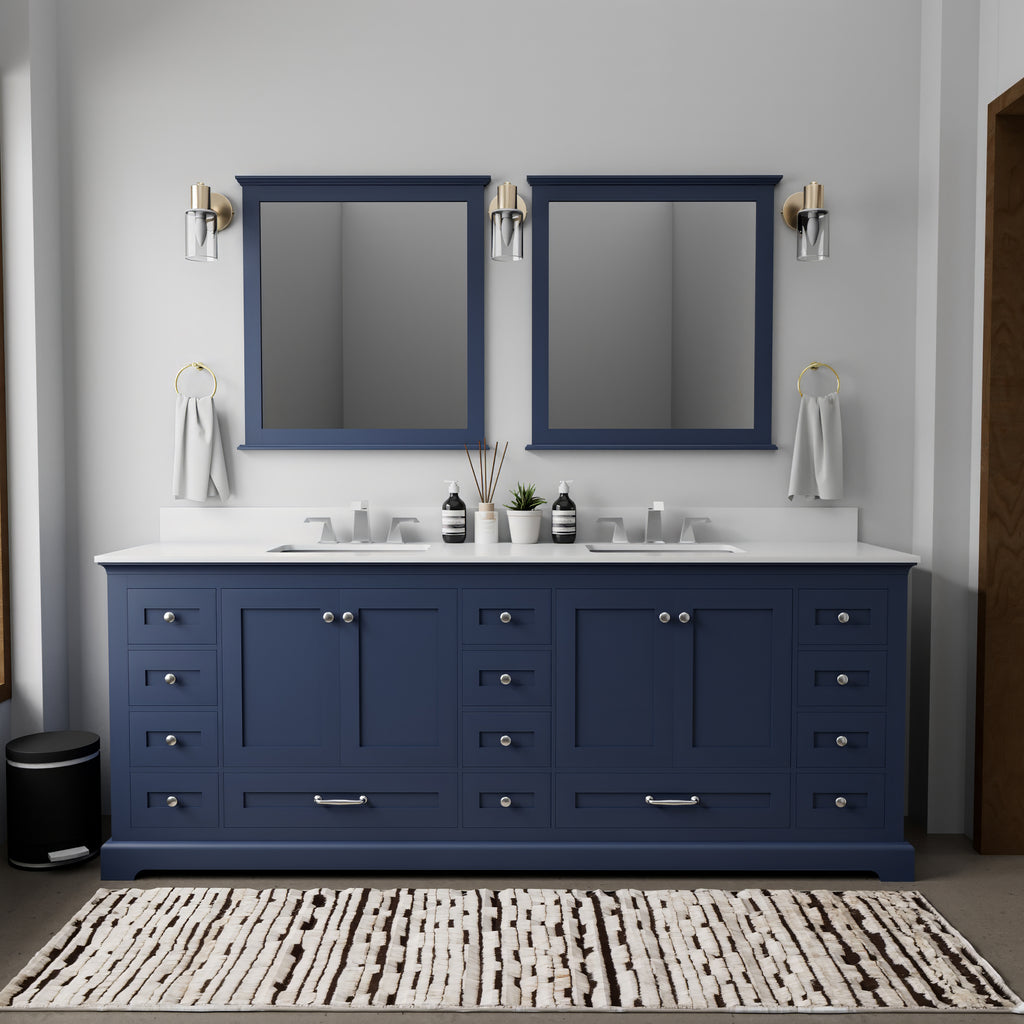 Navy Blue Double Bath Vanity 84 in. W x 22 in. D, White Quartz Top, Faucet Set, and 34 in. Mirrors