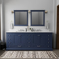Navy Blue Double Bath Vanity 84 in. W x 22 in. D, White Quartz Top, Faucet Set, and 34 in. Mirrors