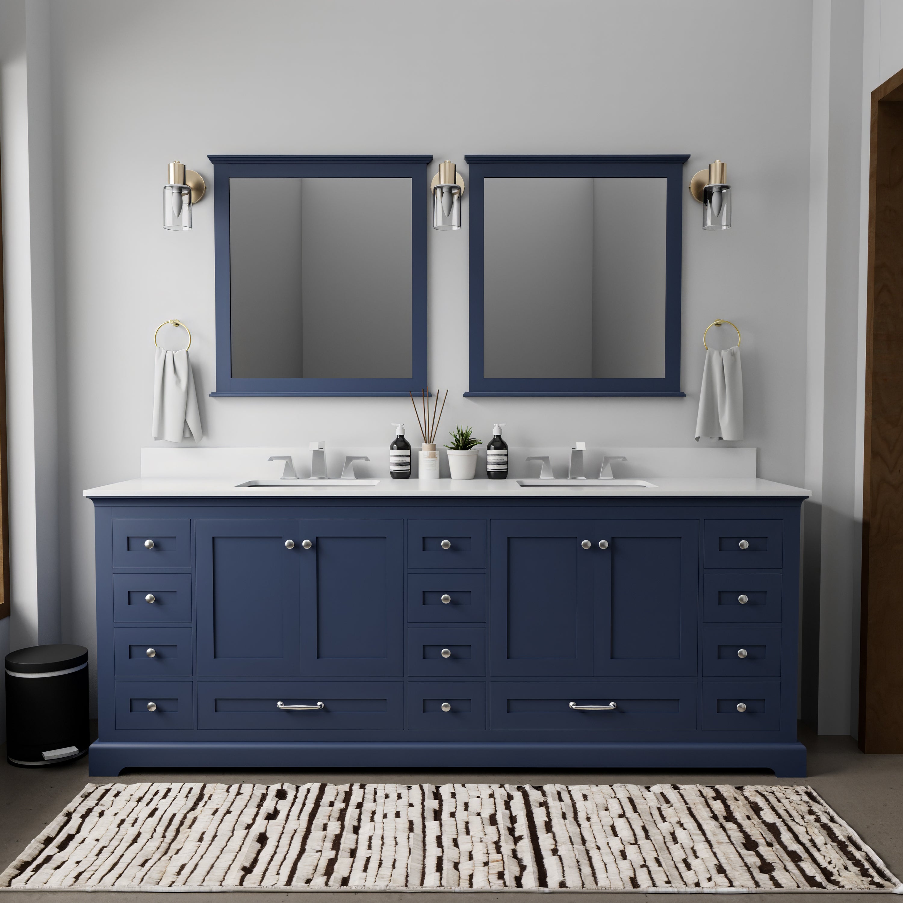 Navy Blue Double Bath Vanity 84 in. W x 22 in. D, White Quartz Top, Faucet Set, and 34 in. Mirrors