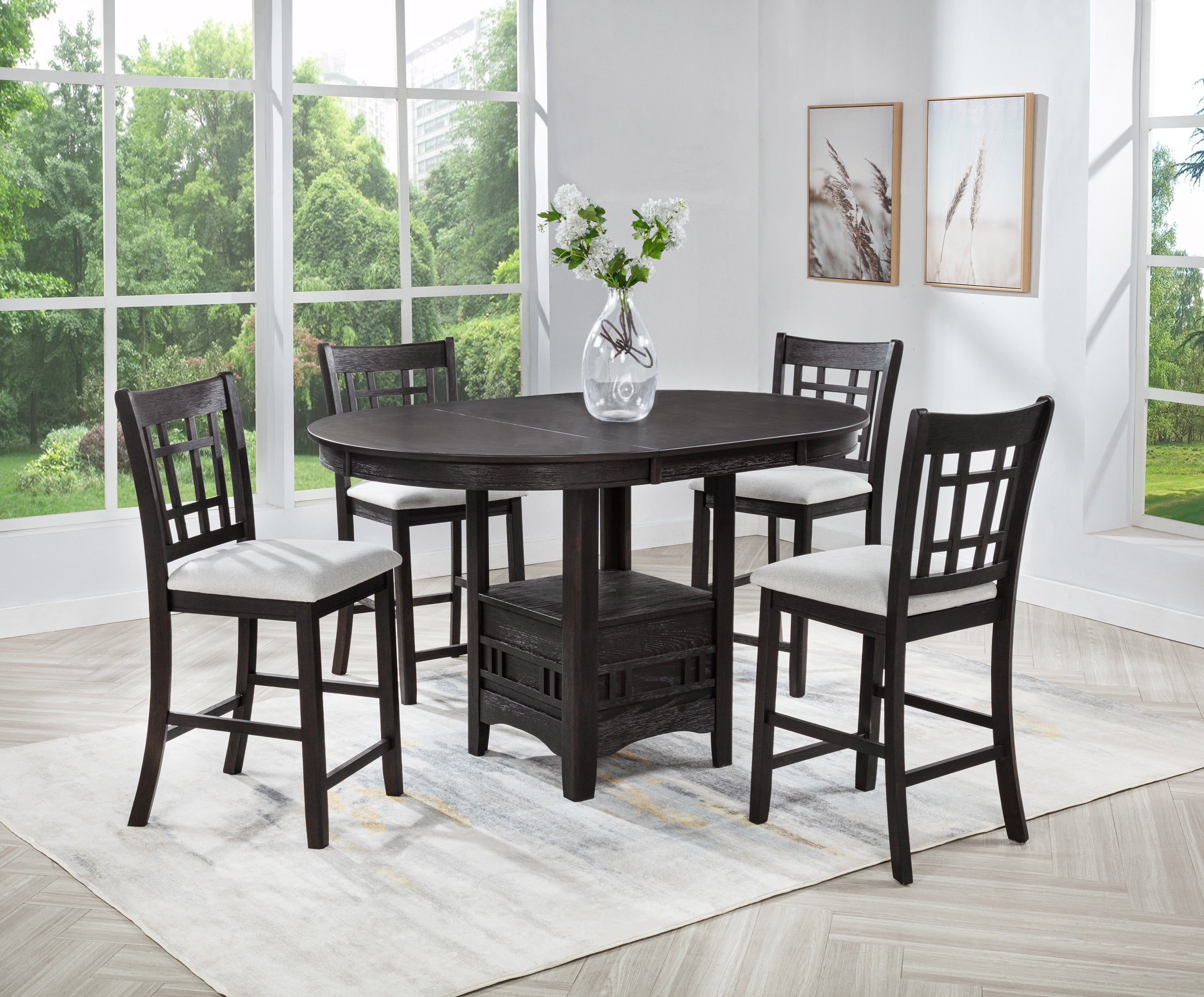 5Pc Counter Height Dining Set Two-tone Finish Light Gray Upholstery Fabric Wooden Dining Room Furniture Charcoal Black