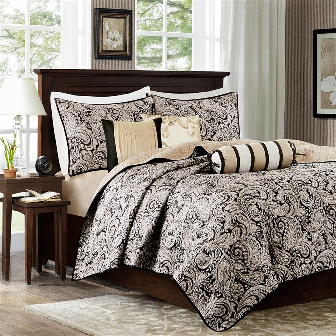 6 Piece Jacquard Quilt Set with Throw Pillows Black King/Cal King