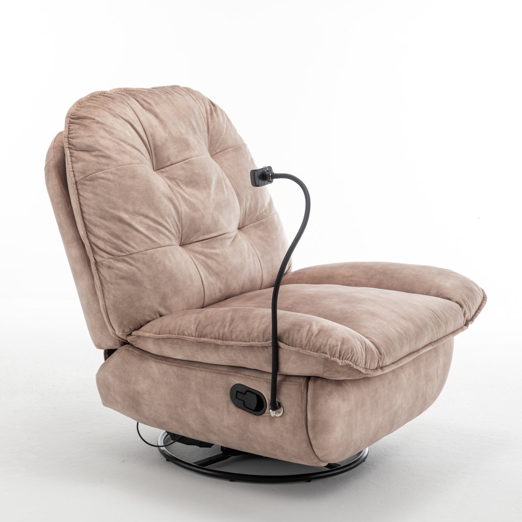 Modern Natural Brown Swivel Gliding Recliner Chair with Rocking Function and Phone Holder – Large Comfortable Reading Chair in Gold-Stamped Velvet