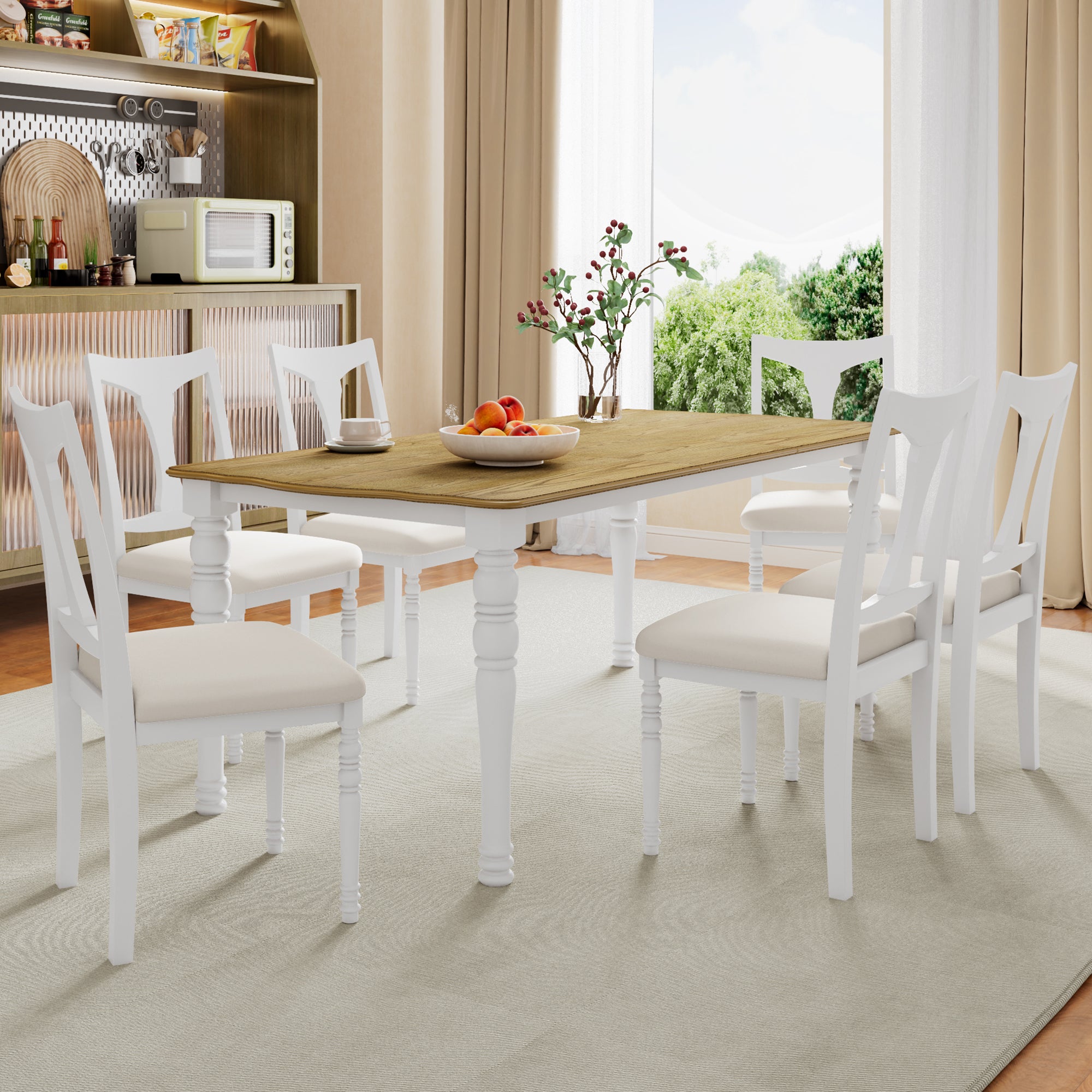 7-Piece Dining Table Set, 60inch to 78inch Extendable Wood Dining Table with Removable Leaf, Kitchen Table Set with 6 Upholstered Side Chair, Dining Table Set for 6